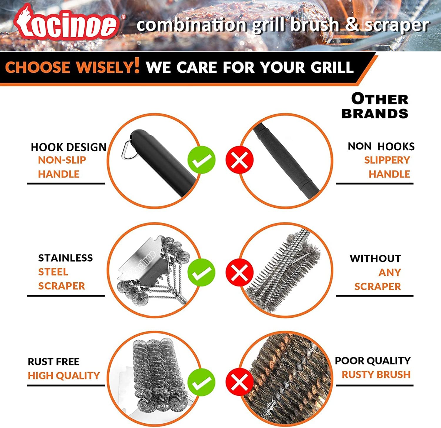 Grill Brush and Scraper for Outdoor BBQ - 18'' Stainless Steel Bristles & Scraper Deep Clean Charcoal Grill Grease - Stronger Heavy Duty Rustproof BBQ Accessories image number 6