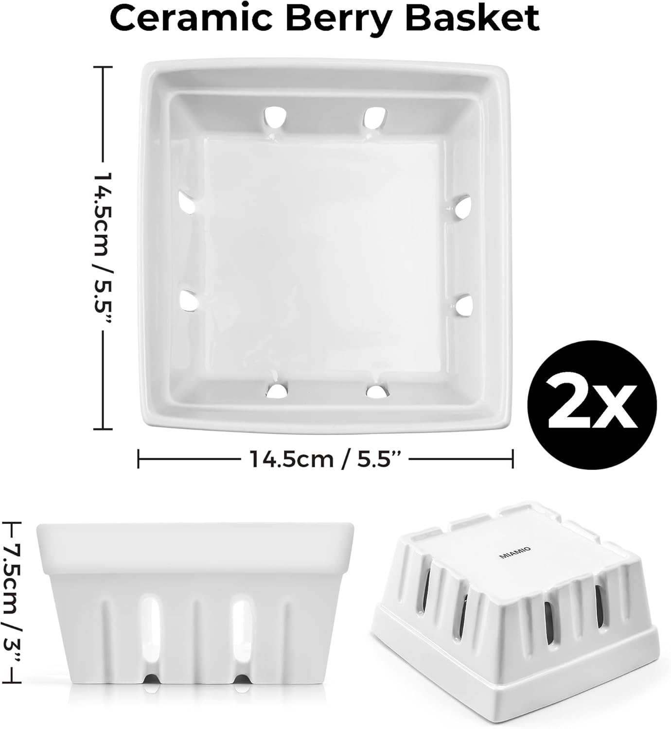 MIAMIO - Ceramic Berry Basket Set of 2 / Cute Kitchen Fruit Bowl with Draining Holes/Strawberry Storage Container image number 2