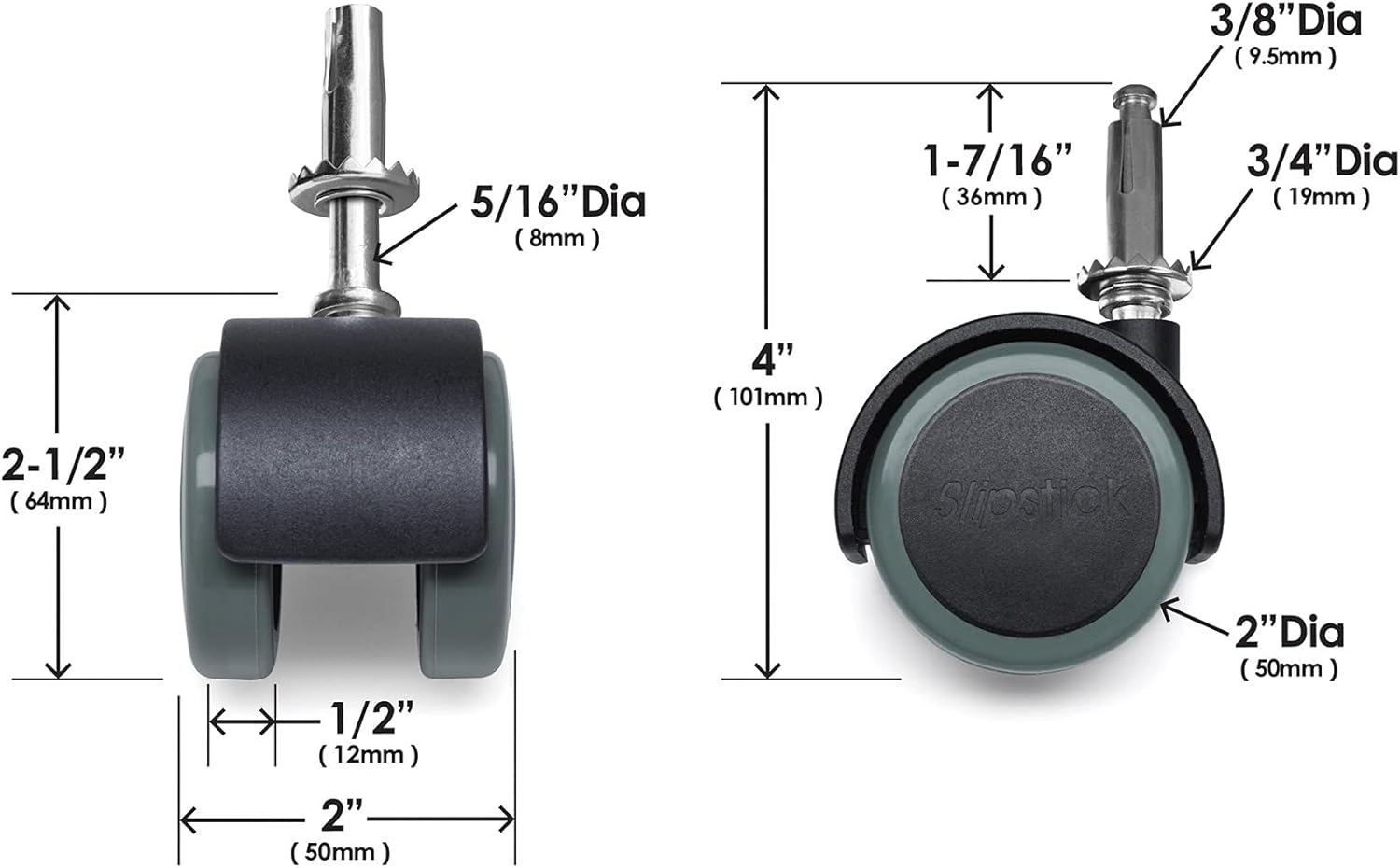 Slipstick CB681 2 Inch Floor Protector Rubber Caster Wheels (Set of 4) 5/16 Inch Stem or Top Plate Mounting Options - Black/Gray image number 3