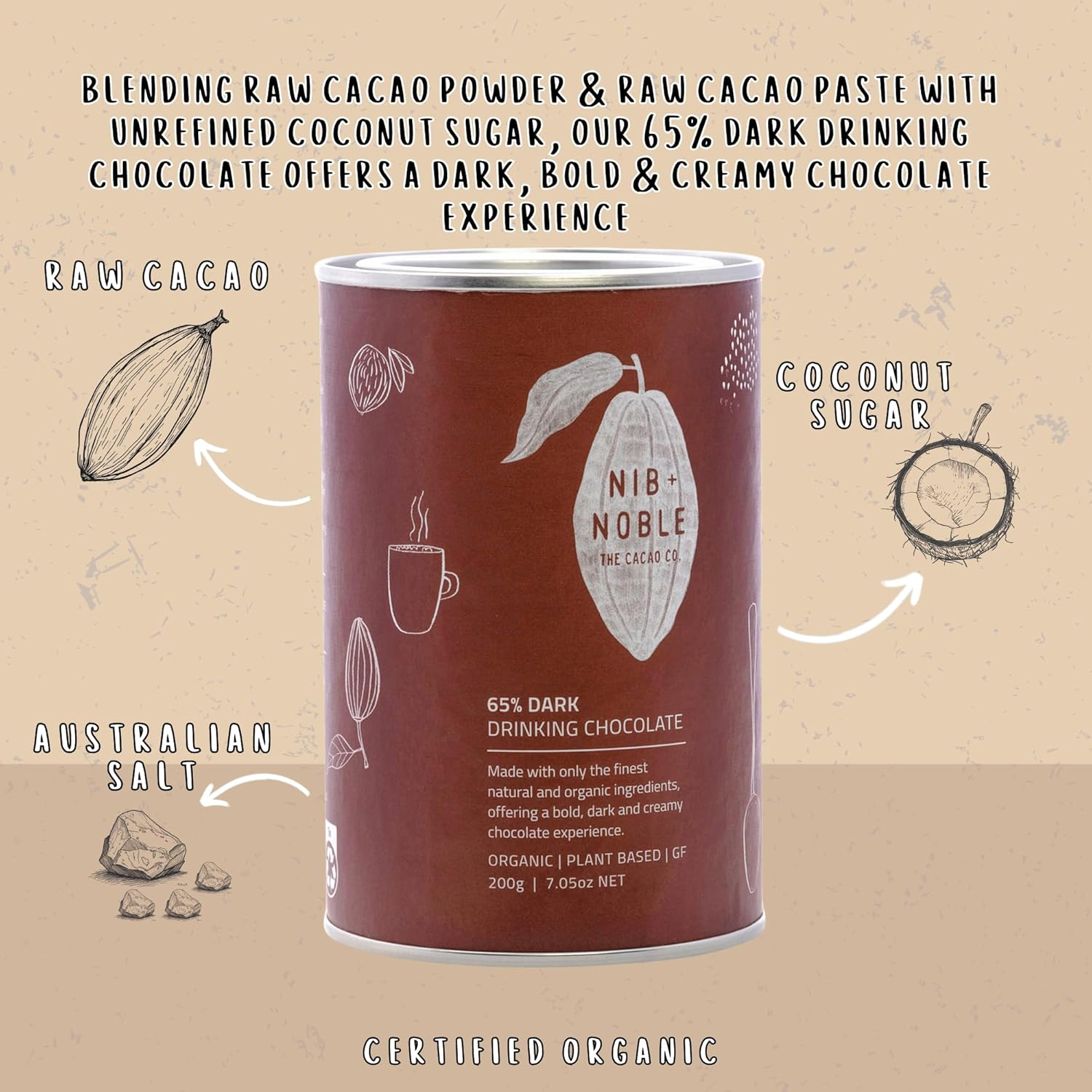 Nib and Noble Organic Drinking Chocolate - 65% Dark, 200 G