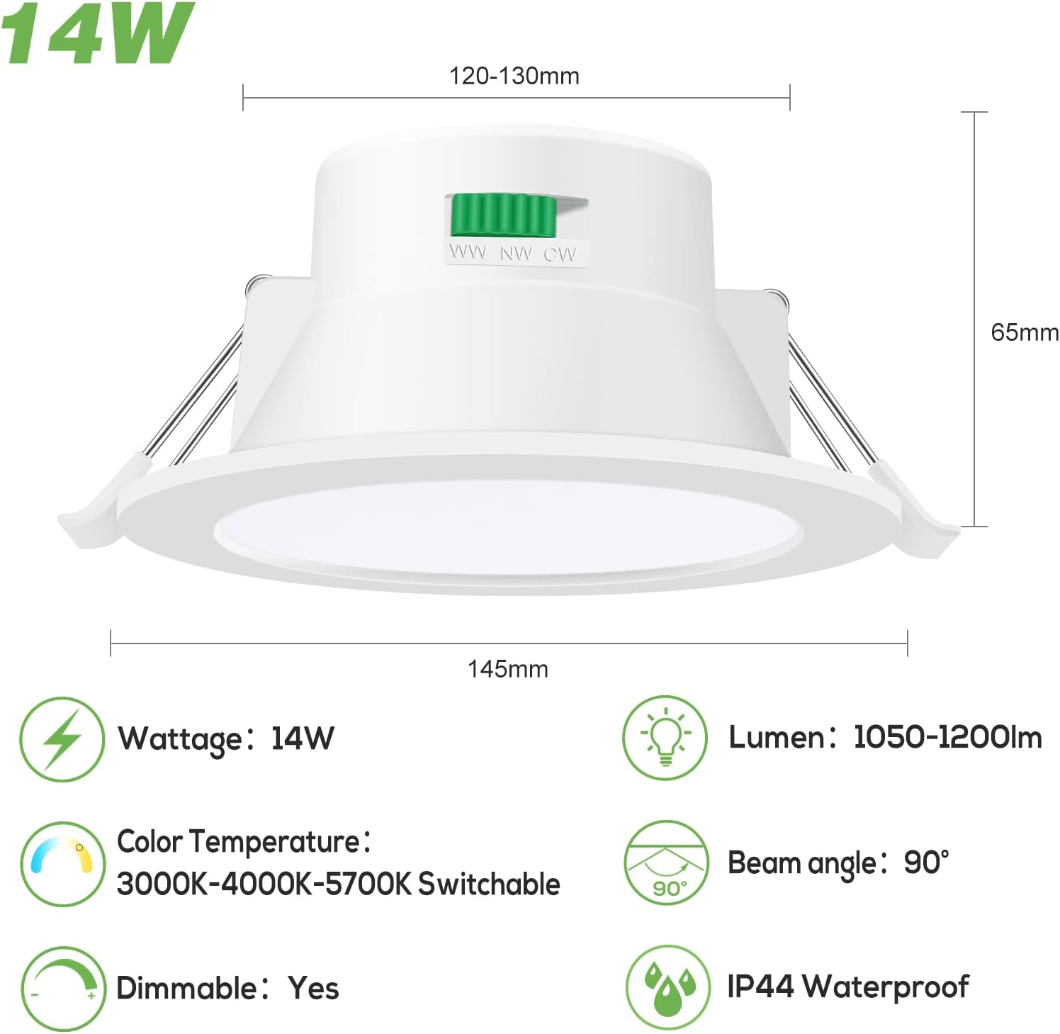 ALUSSO 14W LED Downlight Kit 120Mm Cutout Dimmable IP44 Recessed Ceiling Light with CCT 3 Lighting Colors Adjustable 3000K Warm/ 4000K Neutral/ 5700K Cool, White, Pack of 10,AUS Plug