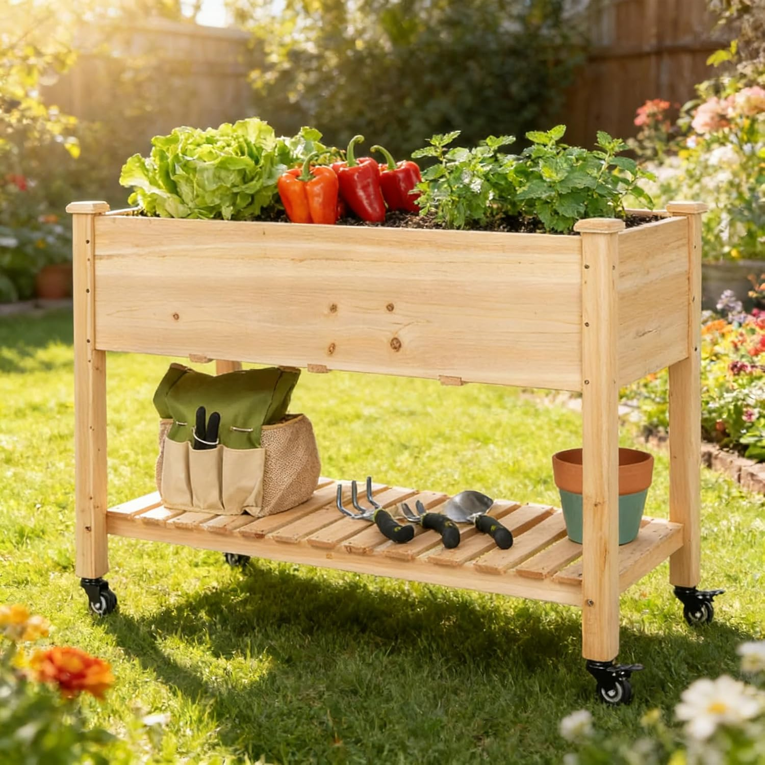 Mobile Elevated Wood Planter Box with Wheels,Raised Garden Bed for Outdoor Patio, Deck, Balcony, Backyard, 120 * 59 * 80CM
