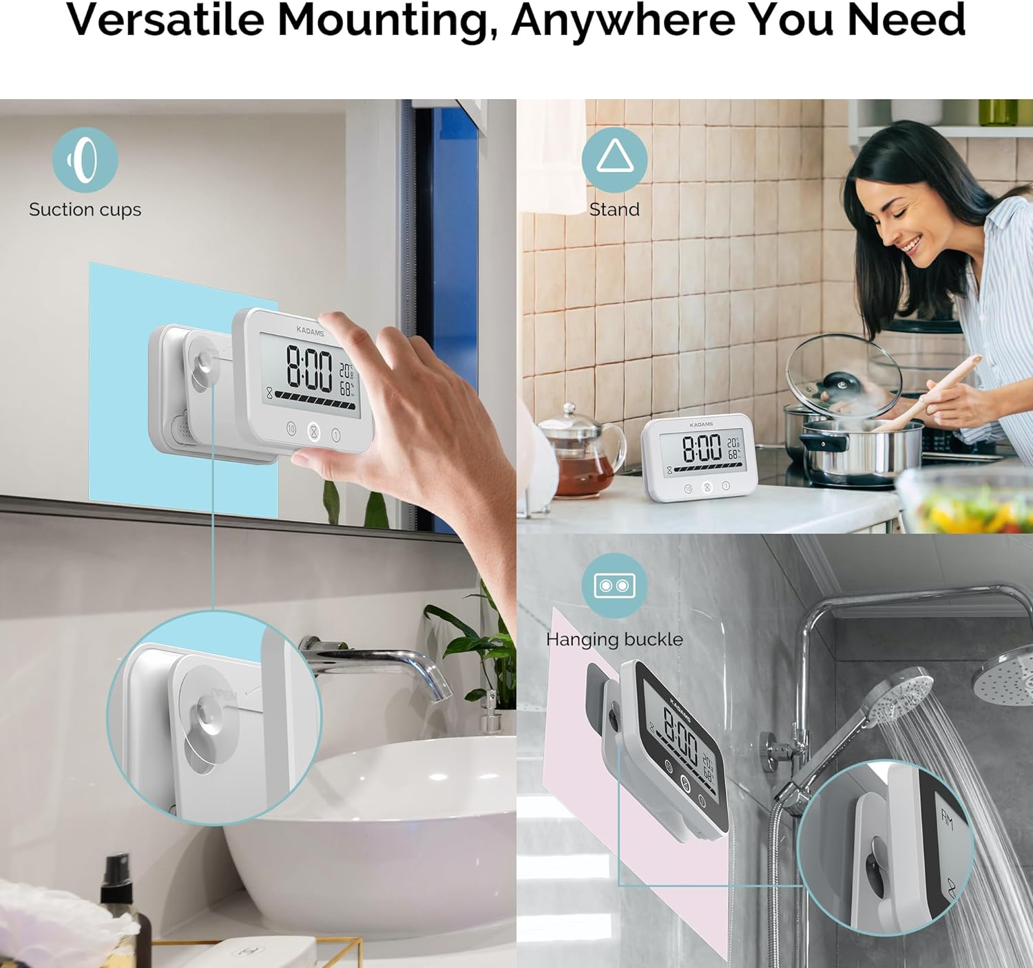 KADAMS Timer Digital Kitchen Timer Clock for Cooking Classroom Kids Bathroom Shower Countdown Count up Productivity Timer, Waterproof with LCD Display Progress Bar Hanging Suction Cup (Black) image number 5