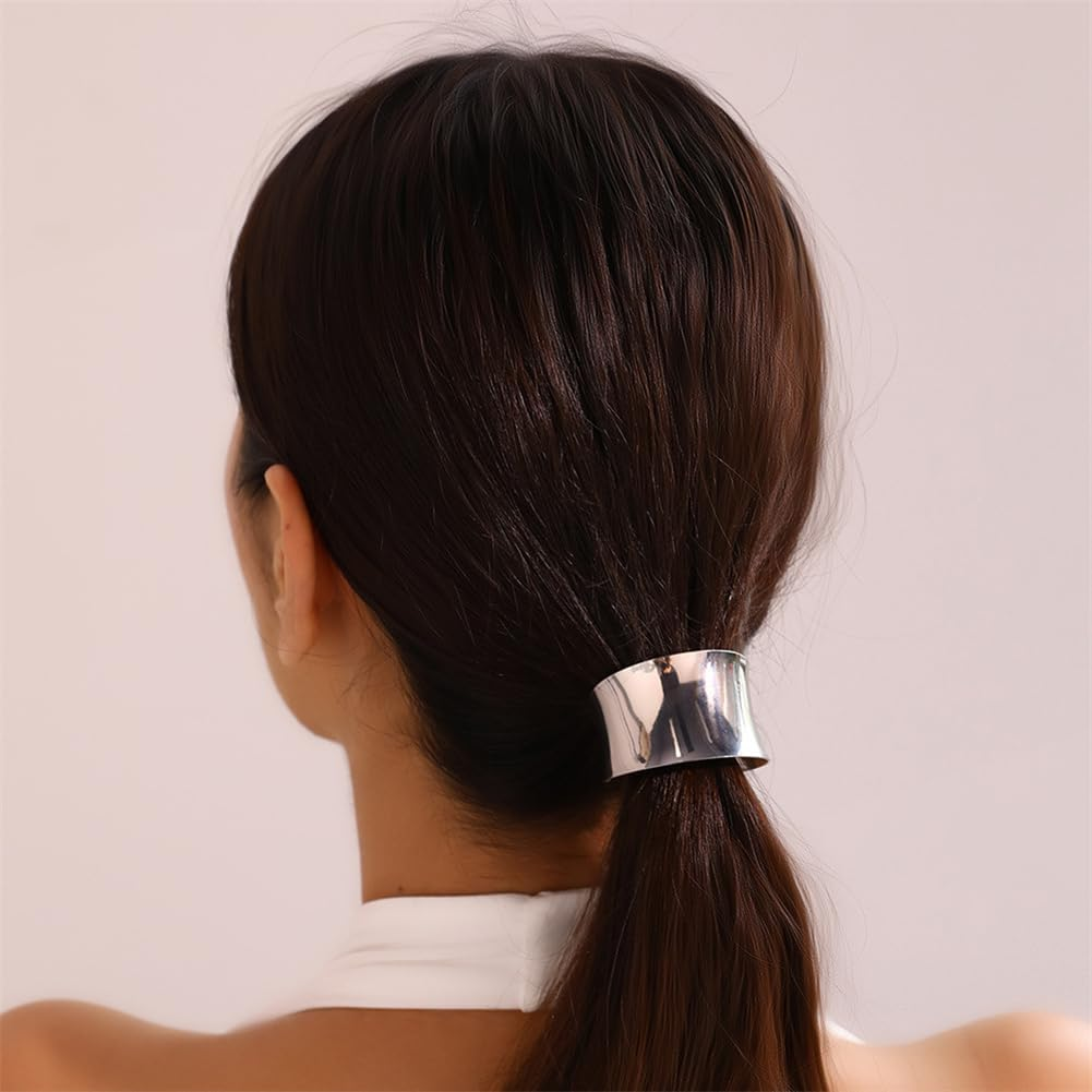 2PCS Metal Cuff Ponytail Holder Elastic Hair Band Rope Women Girls Hair Ties Hair Accessories Hair Rope Golden and Silver image number 2