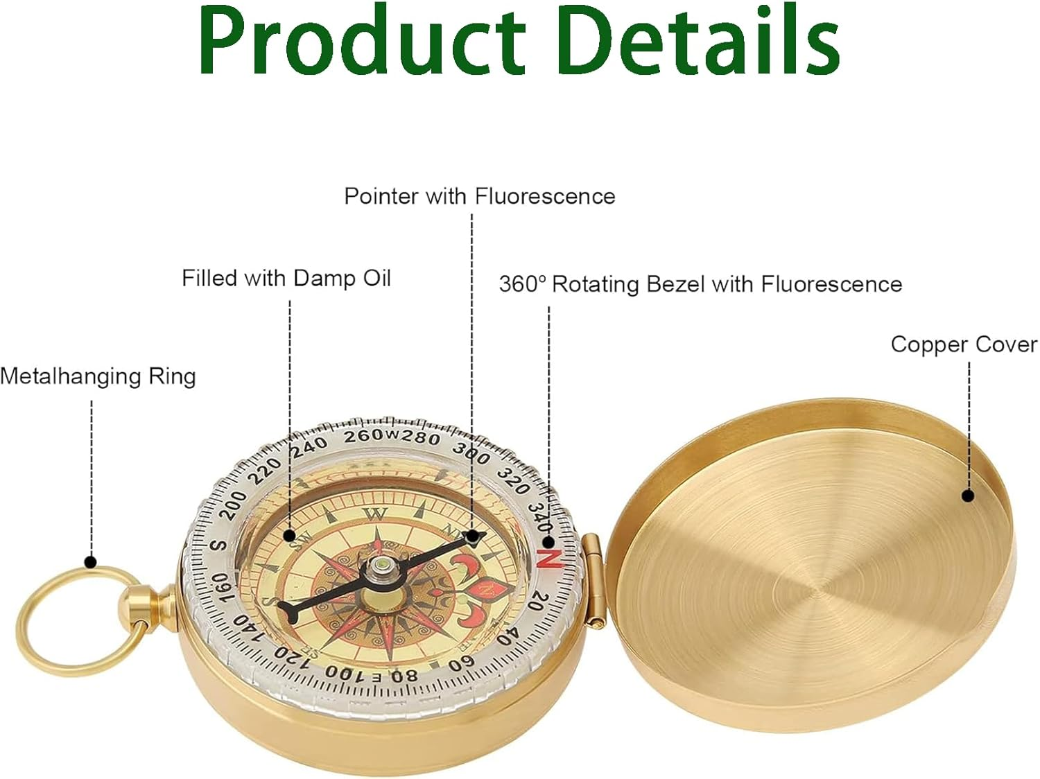 Zvorgath Compass, Camping Survival Compass, Metal Copper Clamshell Style with Glow in the Dark Feature, for Camping, Survival, Hiking, Hunting, and Climbing image number 3