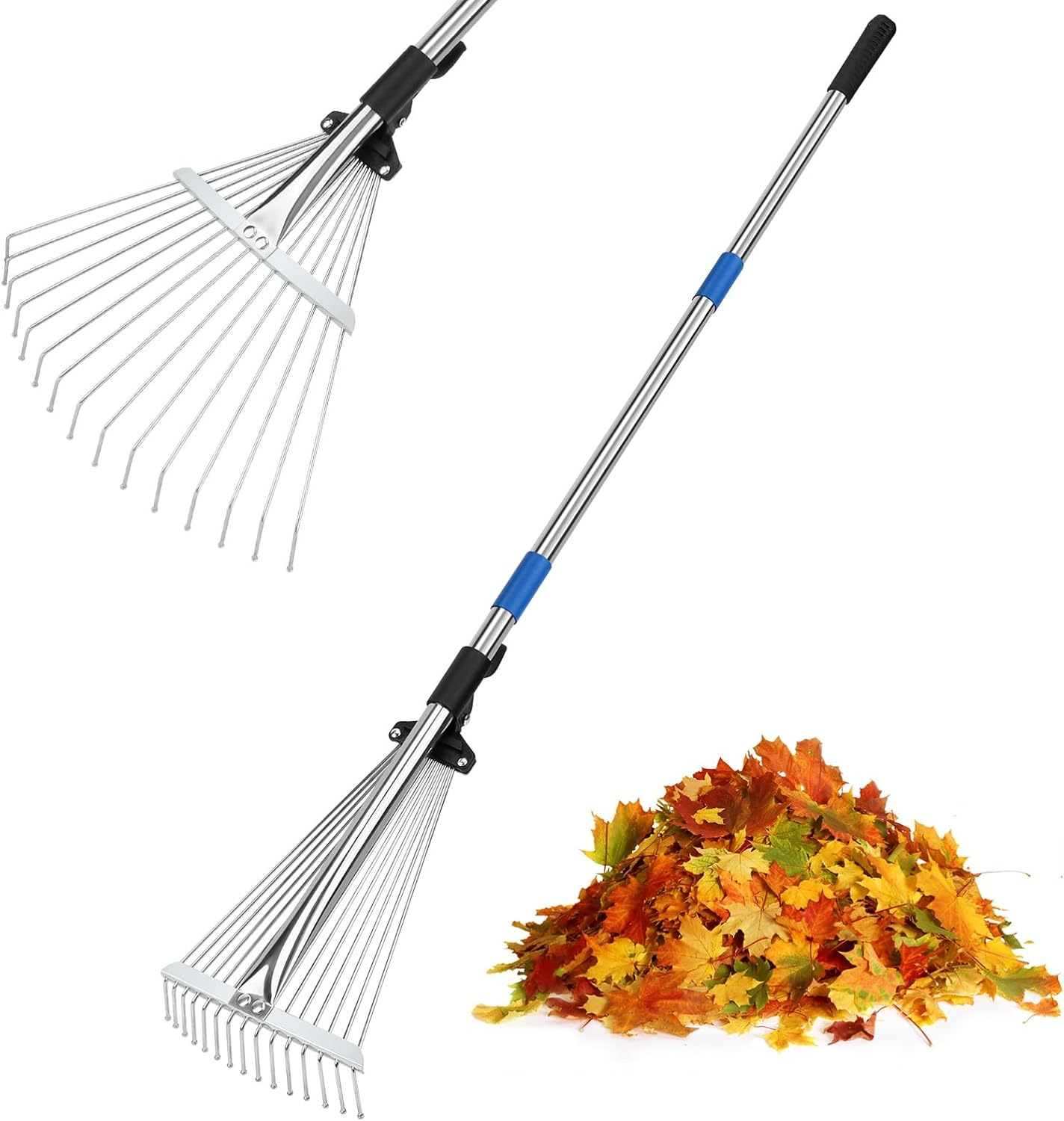 KOMCLUB Metal Rake 68&rdquo; ,Garden Expandable Leaf Rake with Adjustable Handle, Adjustable Head, Thatch Rake Leaf Collector, Rakes for Garden Lawn Yard Flower Bed Cleaning image number 3
