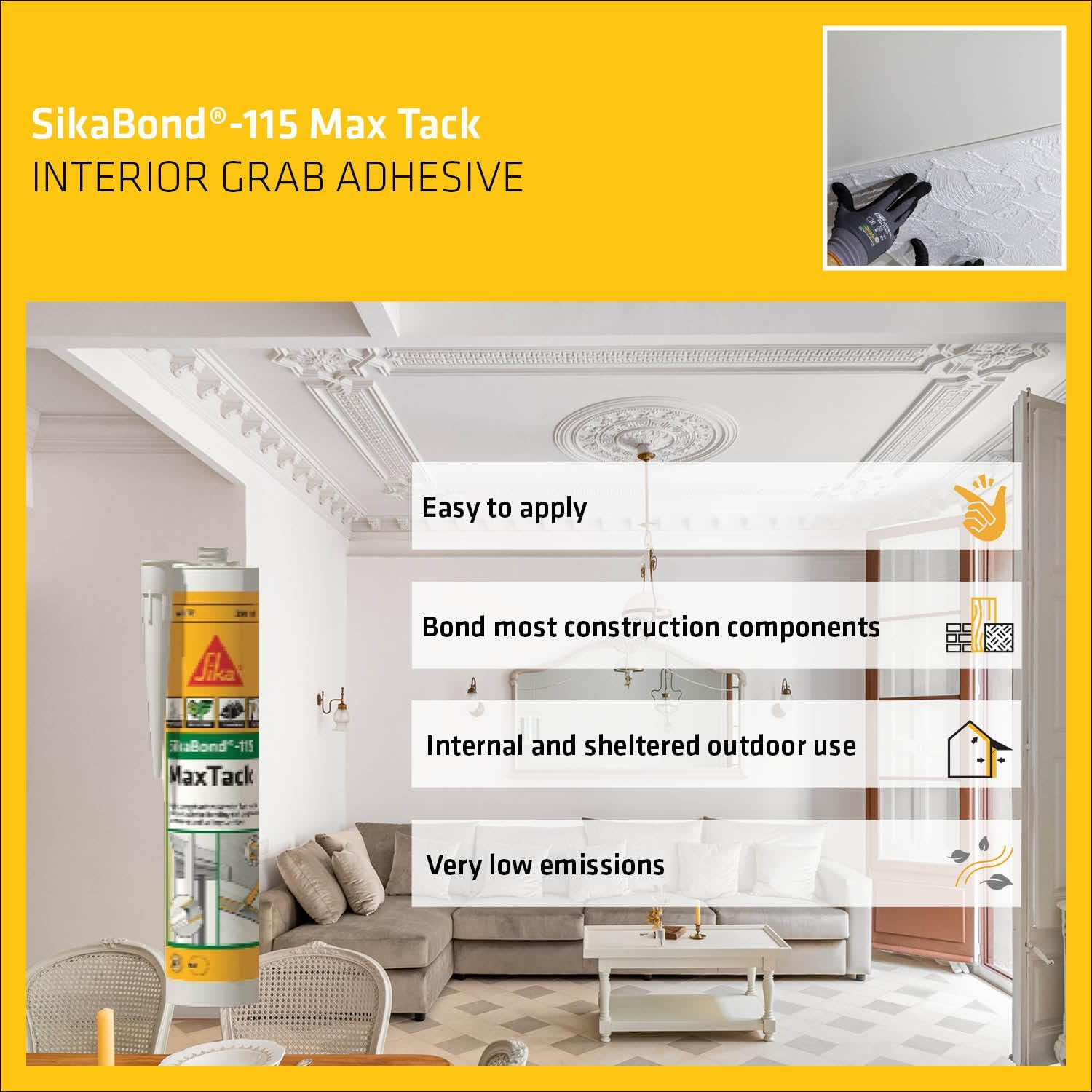 SIKA - Construction Adhesive - Sikabond-115 Max Tack - White - Interior Grab Adhesive - Easy to Apply - High Final Strength - Multi Materials - 290Ml image number 6