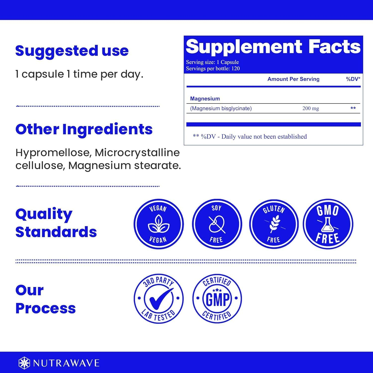 Nutrawave PURE Magnesium Bisglycinate 200Mg, Vegan, Gluten Free, 120 Capsules image number 3