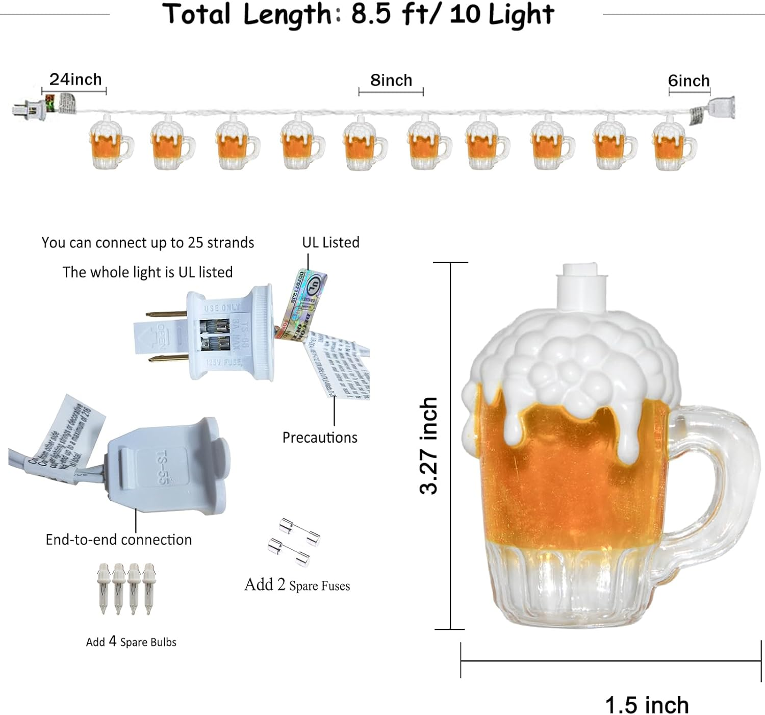 Egcol Beer String Lights Outdoor, 10 Beer Cups Patio Fairy Lights, 8.5Ft 3D Beer Mug Holiday Lights for St. Patrick'S Home Party Decoration image number 1