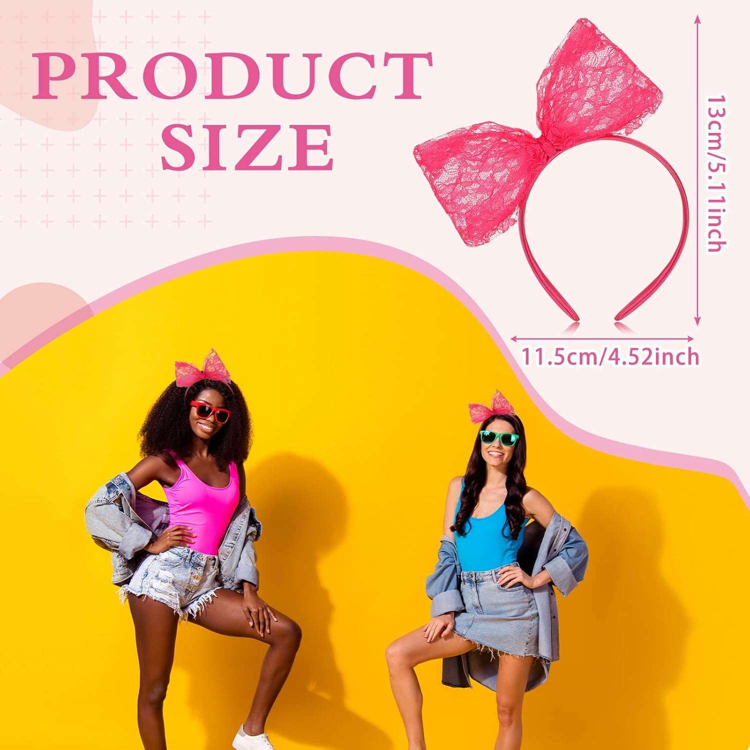 Xinnun Neon Lace Bow Headband for Women 80S Costume Headwear Lace Bow Hair Accessory 1980S Cosplay Accessories for 1980S Theme Party Halloween Hair Hoop Costume image number 1