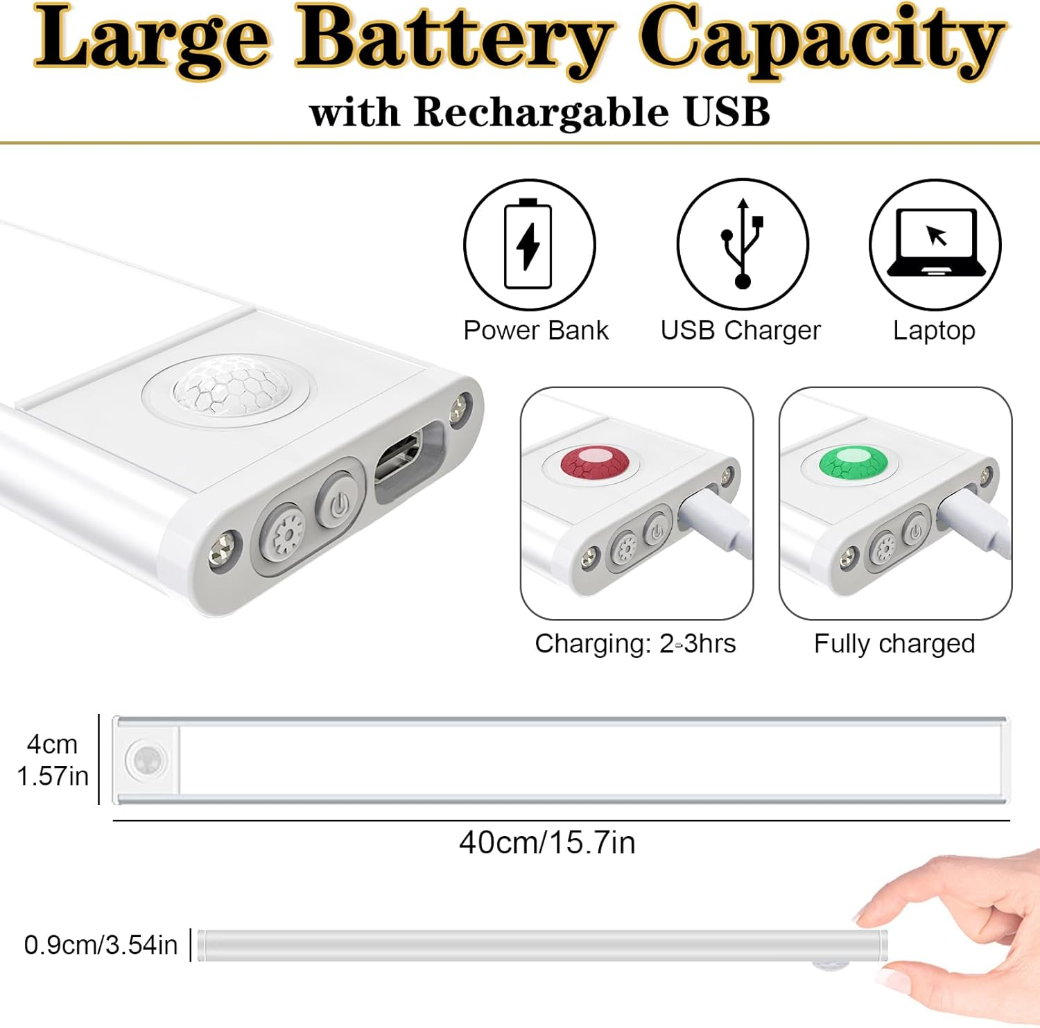 Under Cabinet Light 2 Pack, LED Wireless Rechargeable Motion Sensor Cupboard Light Bar, 3 Colours Dimmable Strip Night Light for Kitchen Wardrobe Cupboard, Silver, 40CM image number 6