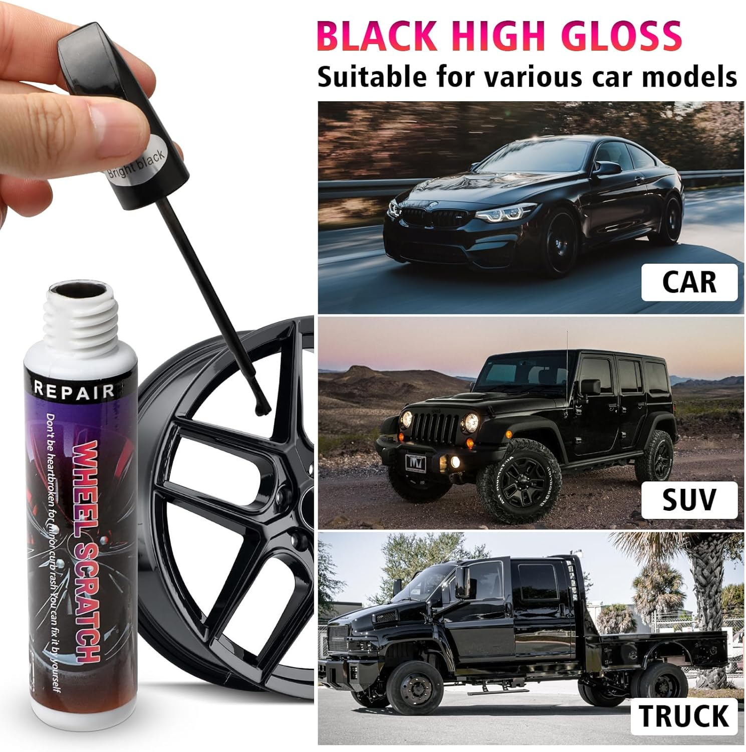 Gloss Black Car Rim Touch up Paint, Quick and Easy Wheel Scratch Repair, Car Wheel Scratch Repair Touch up Paint Pen, Universal Color Black Wheel Paint image number 1