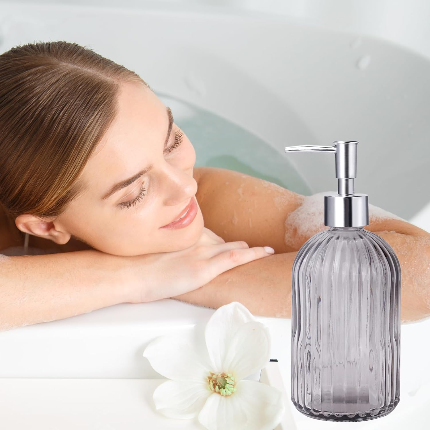 RETON 3 Pack Soap Dispenser Set, 14 Oz Clear Glass Soap Dispenser with Rust Proof Plastic Pump, Refillable Liquid Hand Soap Dispenser, Bathroom Soap Dispenser for Kitchen Countertop (3 Colors) image number 3