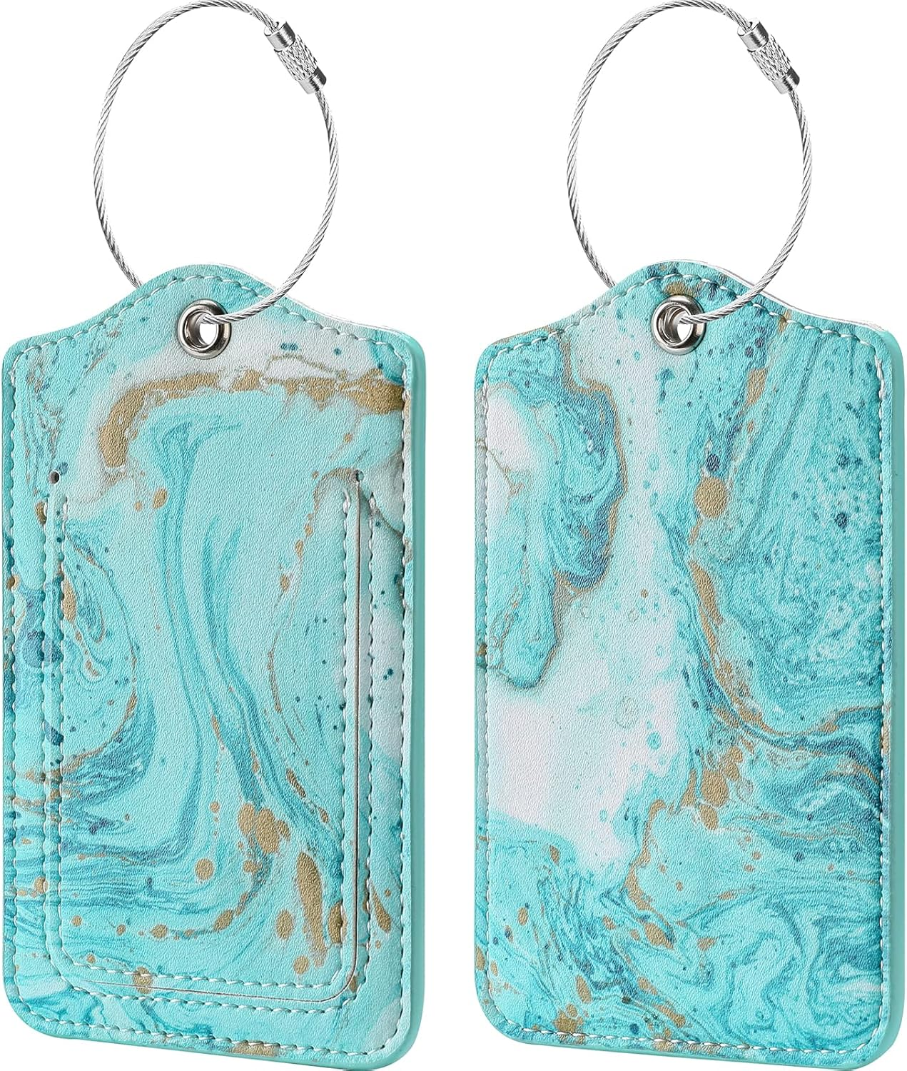 JOTO 2 Pcs Luggage Tags with Name ID Card and Stainless Steel Loop, Leather Luggage Labels Hard Wearing Suitcase Tags for Quickly Spot Your Travel Luggage Suitcase Bag -Blue Sandy Wave