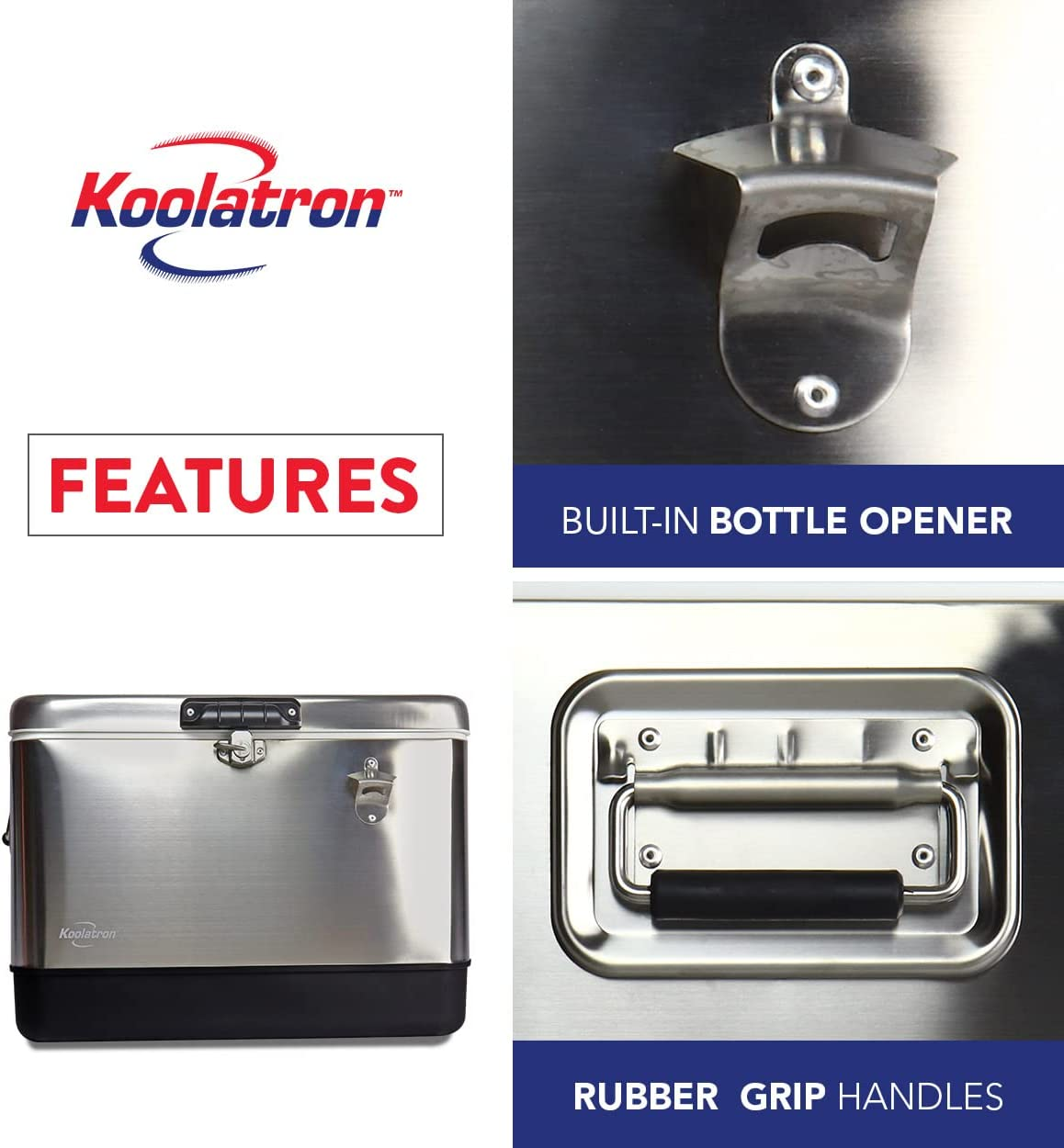 Koolatronstainless Steel Ice Chest Beverage Cooler with Bottle Opener, 51 L (54 Qt), 85 Can Capacity Portable Cooler, Silver and Black, for Camping, Beach, RV, Bbqs, Tailgating, Fishing image number 3