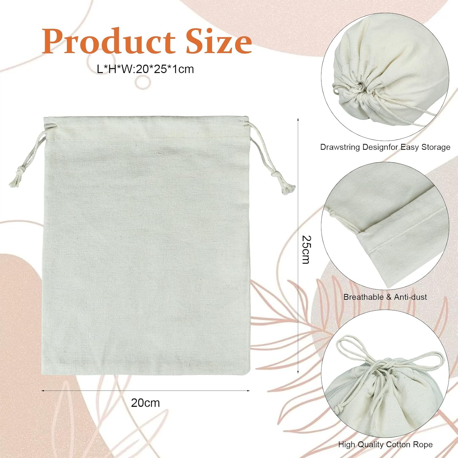 Natural Linen Drawstring Bags Bulk Linen Calico Cotton Bag 4 Packs Cotton Muslin Bags 20 * 25Cm Storage Washable Eco-Friendly Shopping Bag image number 1