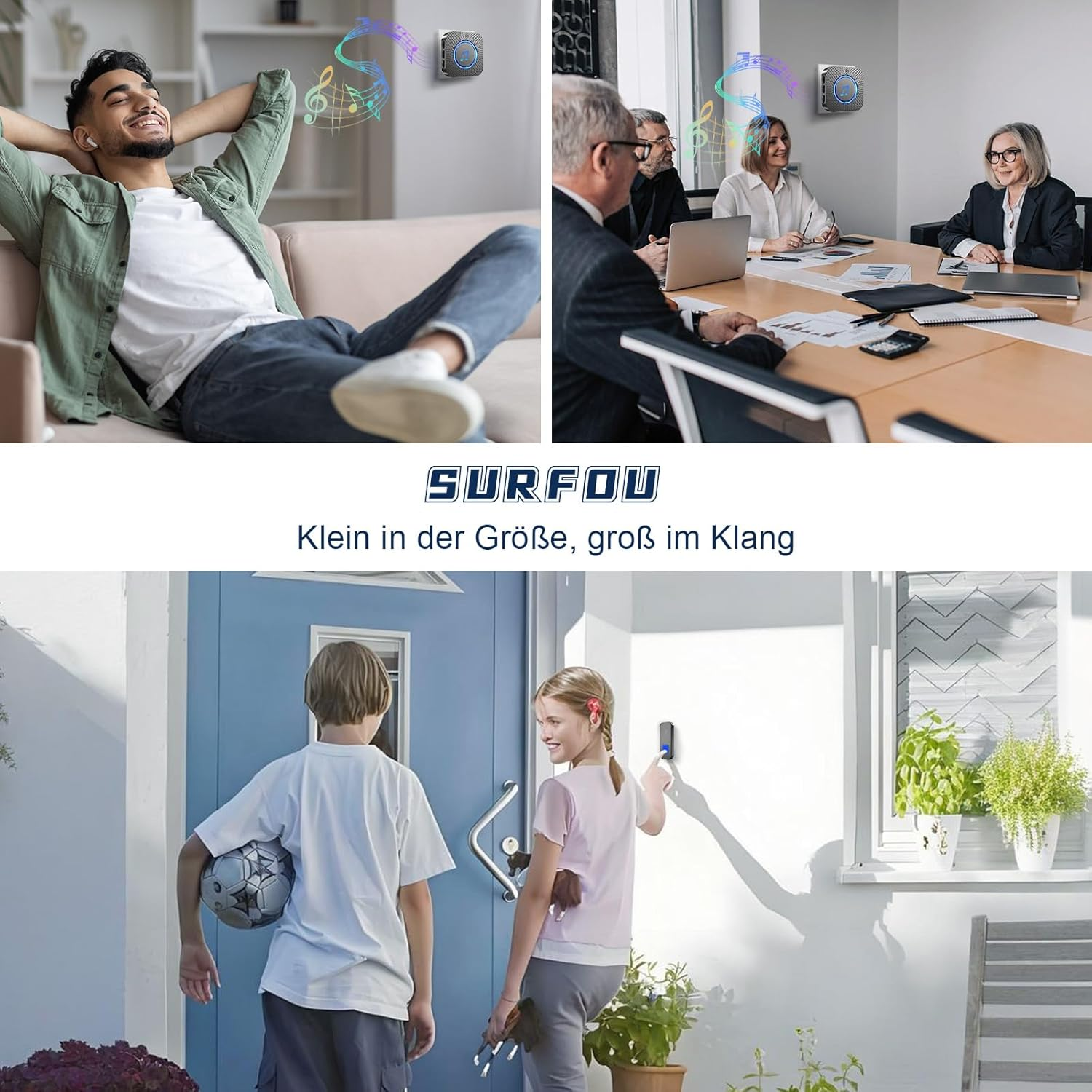 SURFOU Wireless Doorbell, Wireless Doorbell Set, 400 M Range, Outdoor, Waterproof, Front Door with 3 Receivers, Battery Operated Bell, Radio Transmitter with LED Flashing, 5 Vol. 55 Melodies, Black image number 6