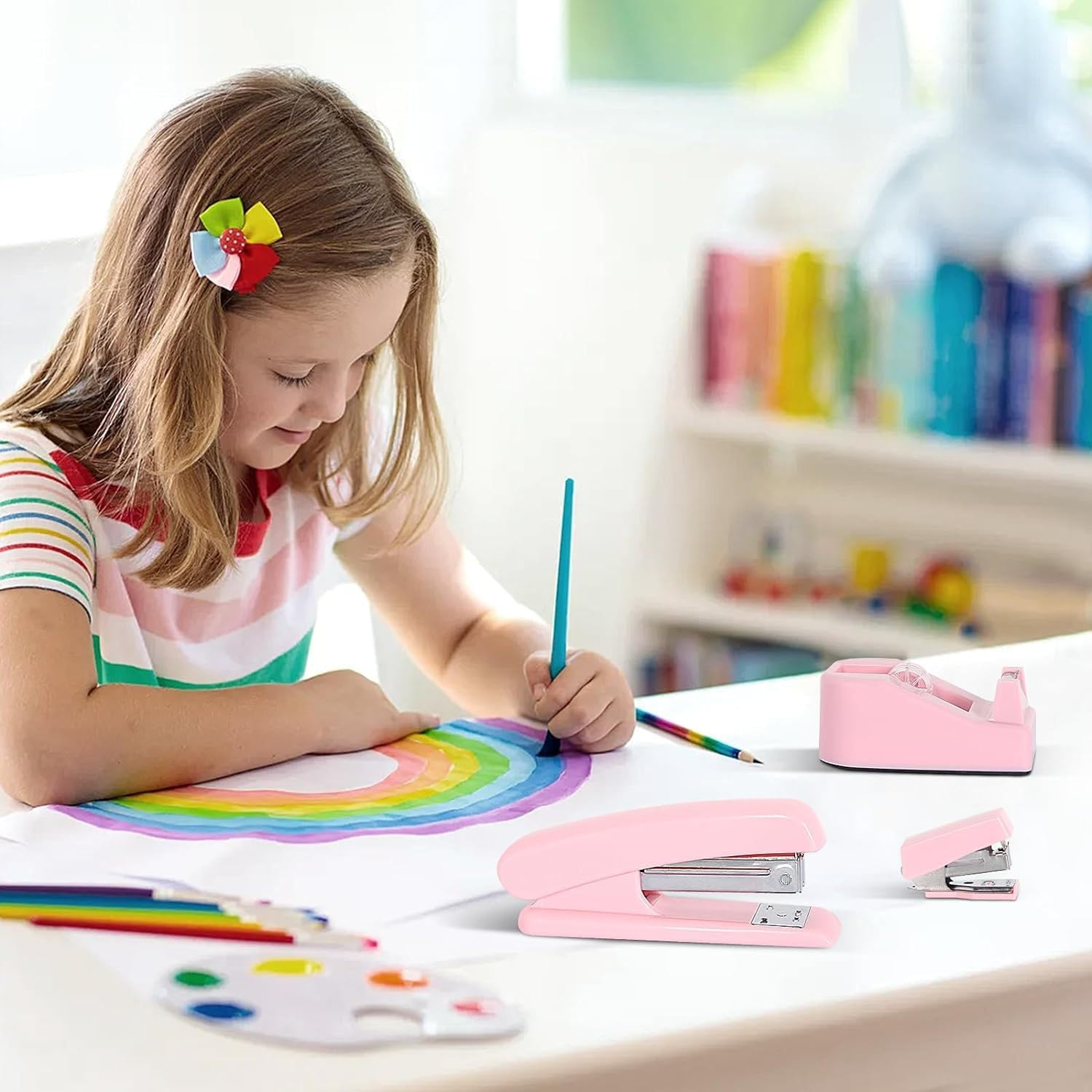 Mini Office Supply Kit, Mini Desktop Office Stationery Includes Stapler, Mini Stapler, Nail Starter, Paper Clips, Dovetail Clips, Tape Cutter, Sticky Notes, Scissors (Pink) image number 3