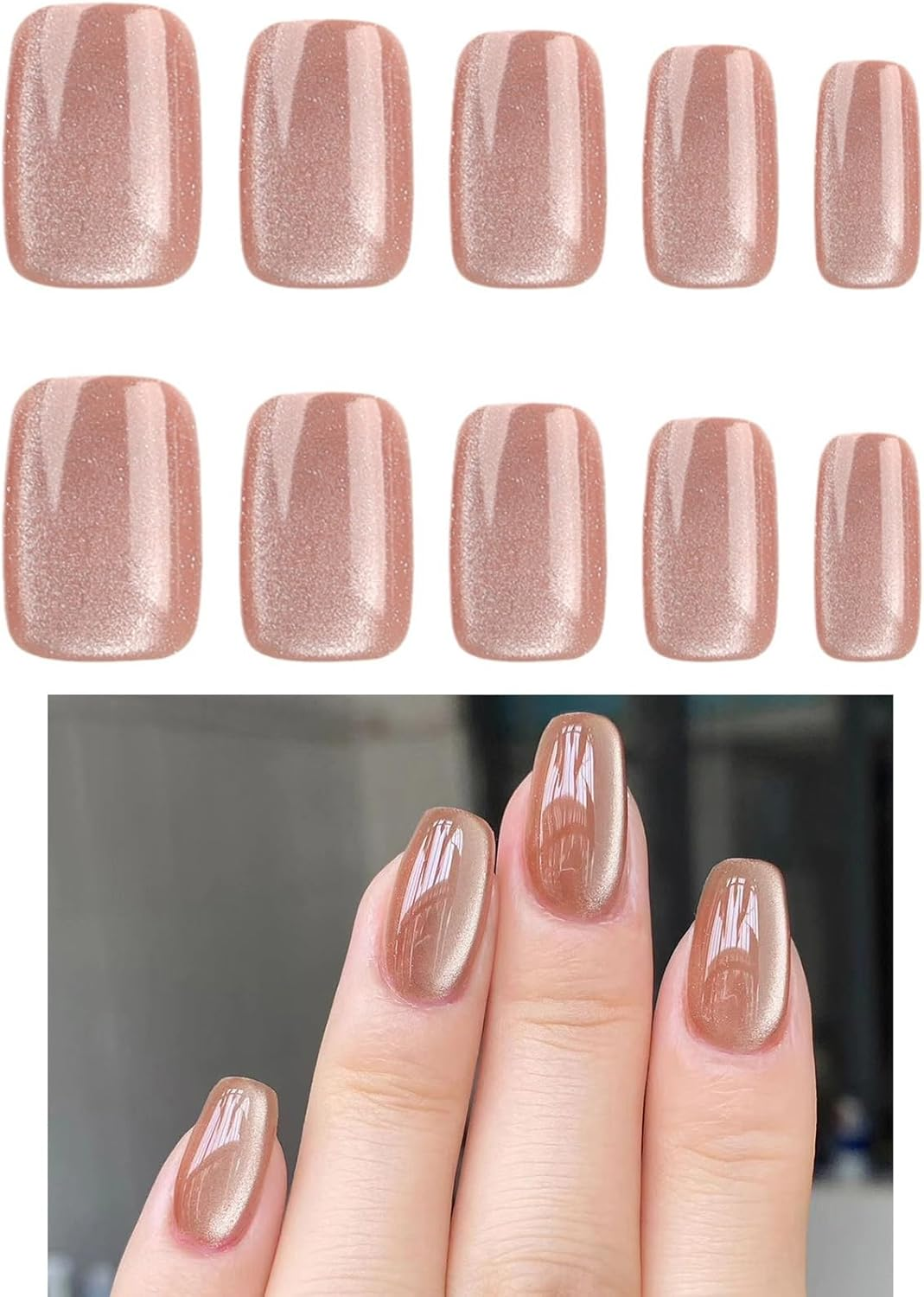 Kaichen Simplicity Press on Nails, Champagne Color Cat Eye Press on Nails Short, Includes 24 Nails, 24 Adhesive Tabs, 1 Manicure Stick, 1 Mini File image number 1