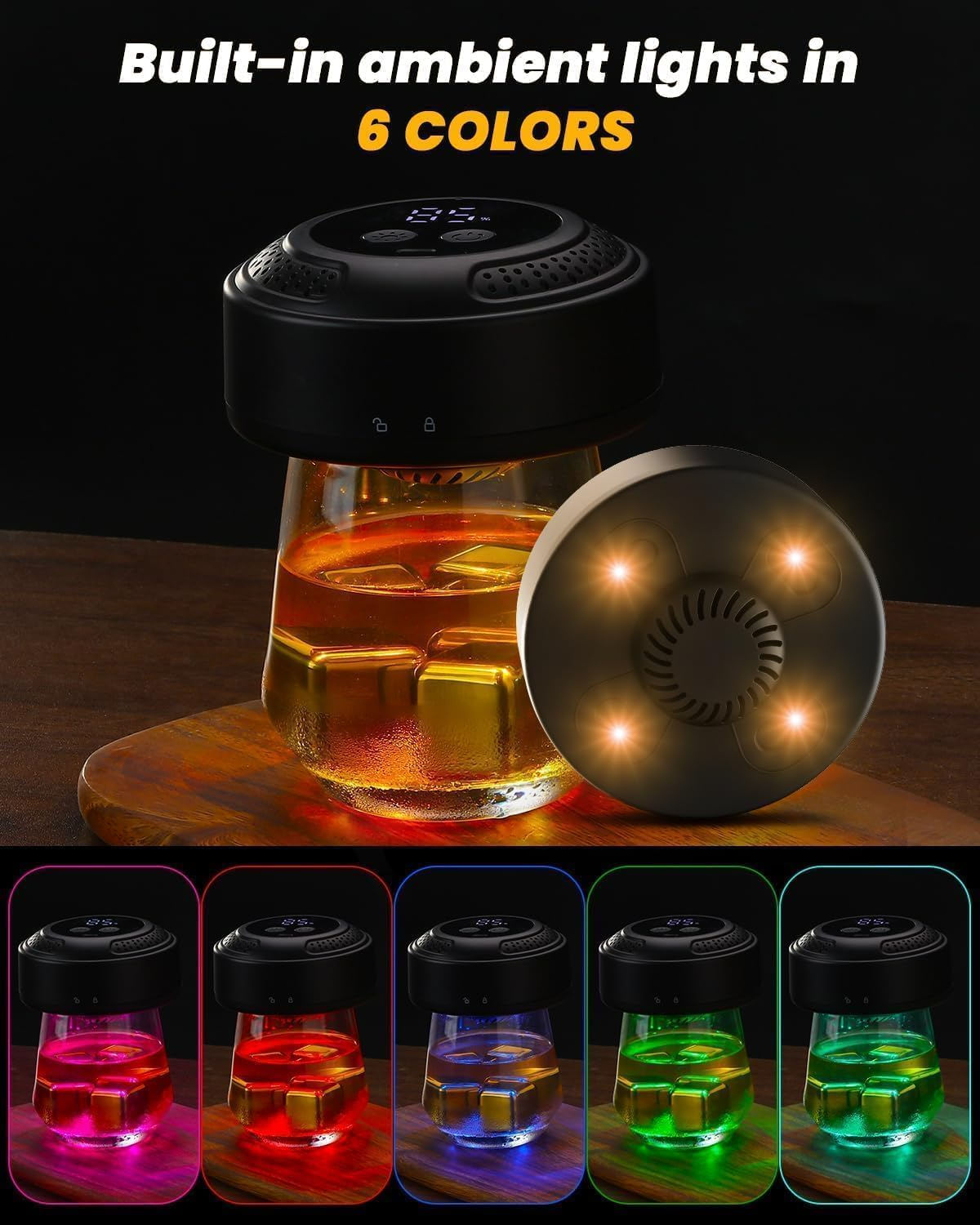 Electric Whiskey Smoker Kit, Kobuer Old Fashioned Smoker Kit, Built-In Lighter & Ambient Light, 4 Reusable Ice Cubes 6 Flavors Wood Chips, Gifts for Men Dad Husband Whiskey Lovers (Birthday/Christmas) image number 1