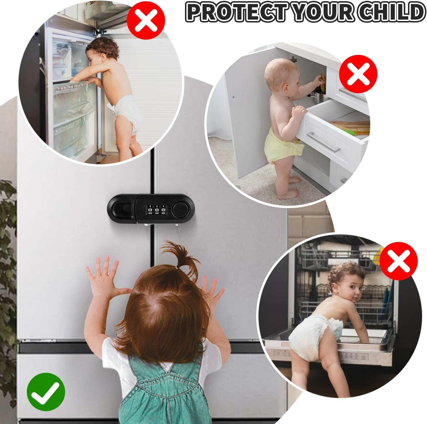 Cabinet Locks Baby Proofing 4 Pack Fridge Locks for Kids Child Proof Combination Freezer Door Lock for Knob Toddlers Kids Adults Safety Latches, No Tools or Drilling Need - Black image number 6