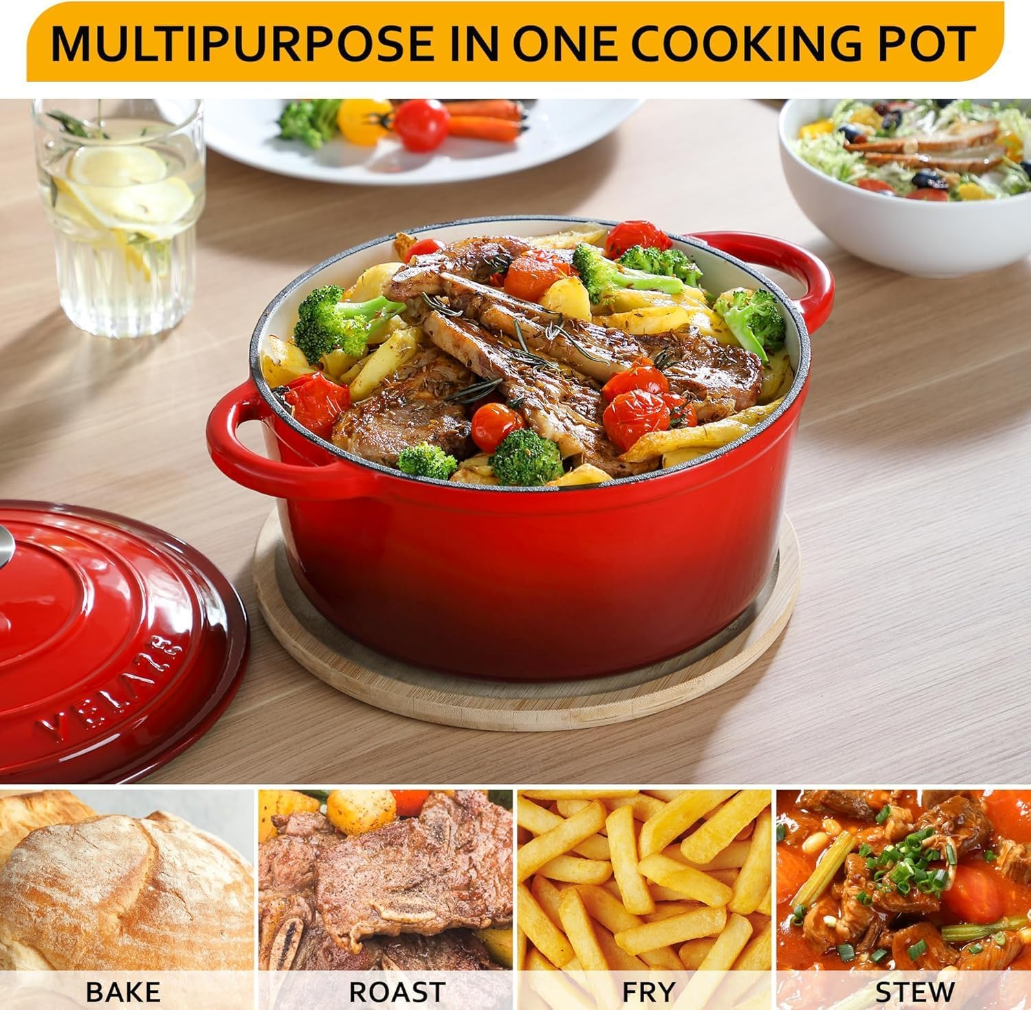 Dutch Oven Pot with Lid, Enameled Cast Iron Dutch Oven with Dual Handles for Sourdough Bread Baking, Cooking, Non-Stick Enamel Coated Cookware, 26Cm Diameter(Red) image number 6