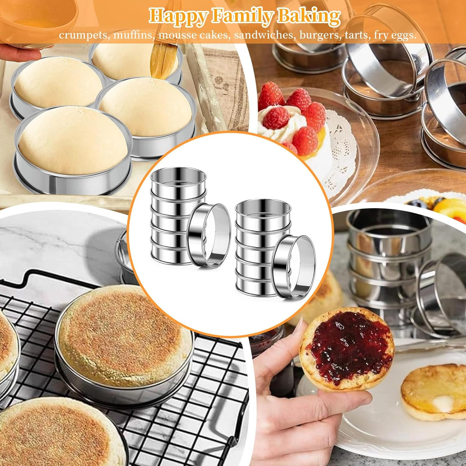 12 PCS English Muffin Rings, Stainless Steel Crumpet Rings, Nonstick Metal round Ring Muffins Molds, Double Rolled Tart Muffin Ring for Home Baking Fluffy Eggs Pancakes Pastry (10.5CM) image number 4