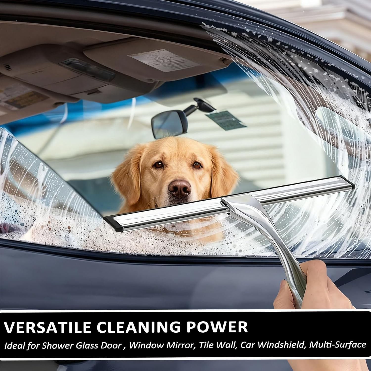 Rubber Blade Shower Squeegee for Glass Doors, Stainless Steel Squeegee with 2 Adhesive Hooks Replacement, Bathroom Window Squeegee for Home, Tile Wall, Mirrors Glass Wiper Cleaning Tool image number 5