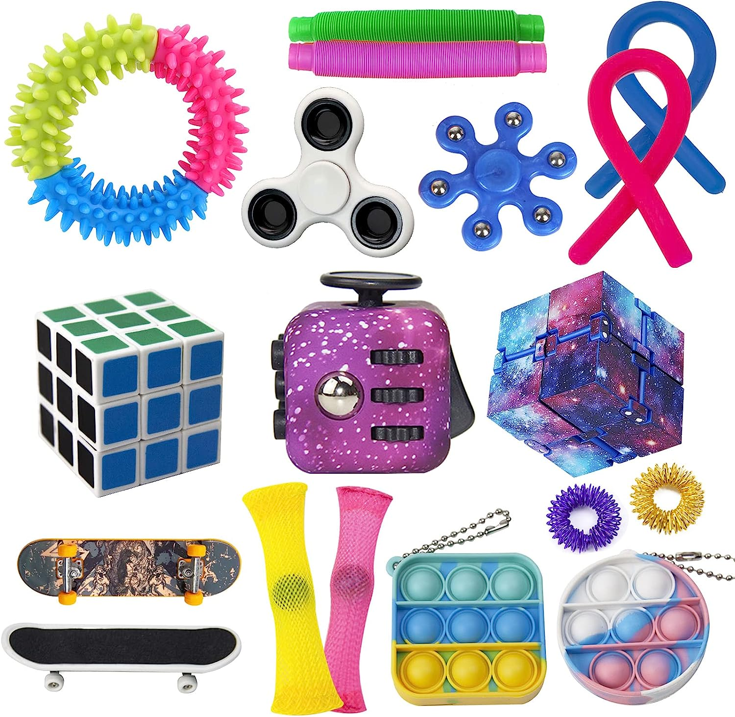 Fidget Toy Pack, Fidget Dice Infinity Speed Cube Spiky Sensory Ring Pop Keychain Finger Spinner Skateboard Toys Finger Toy Party Favors image number 2