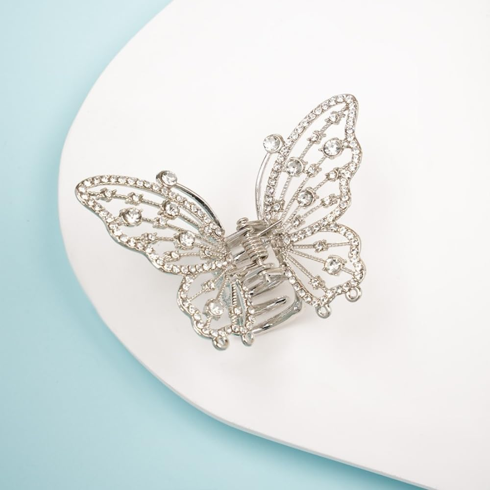 Pack of 2 Butterfly Hair Clips Women'S Hair Clips Metal Rhinestones Hair Pin Hair Clip Non-Slip Hair Claw Clips Hair Accessories Headwear for Daily Wear, Silver image number 5