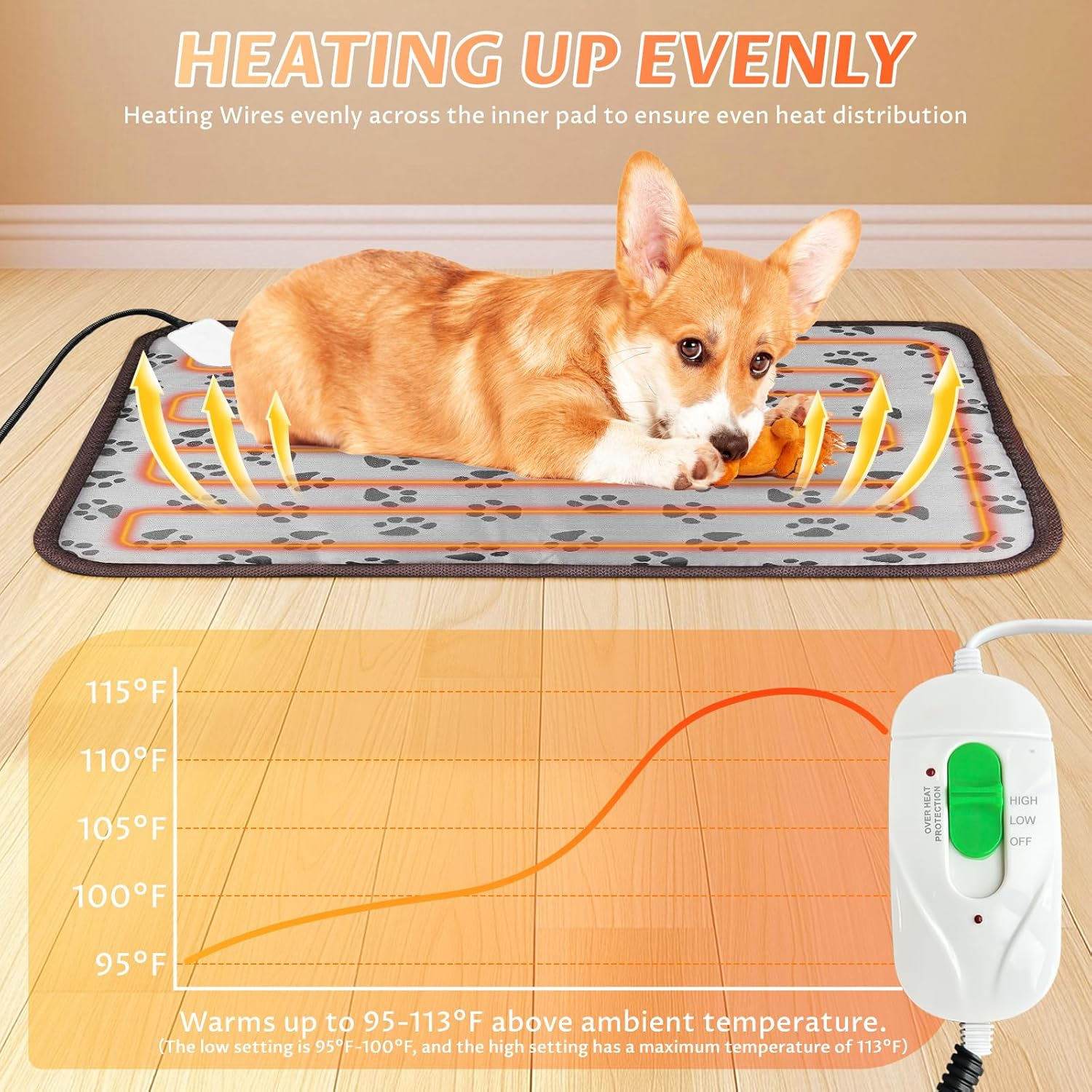 Pet Heated Mat for Cats Dogs - Large Pet Heating Pad with Indicator and 2 Adjustable Thermal, Warming Cat Dog Bed Blanket with Overheating Protection, Bite Resistance Cable - Gray, 50X70Cm image number 1