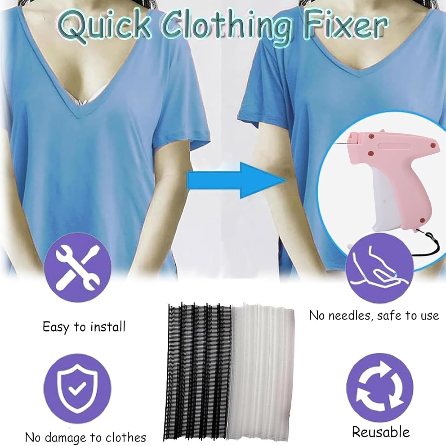 MEIYUETAOSI Micro Stitch Gun for Instant Fabric Repair, Handheld Clothing Fixer with 6 Needles & 2000 Fasteners (Black/White), Portable Mini Sewing Gun for Emergency Repairs, Tags, Hemming image number 4