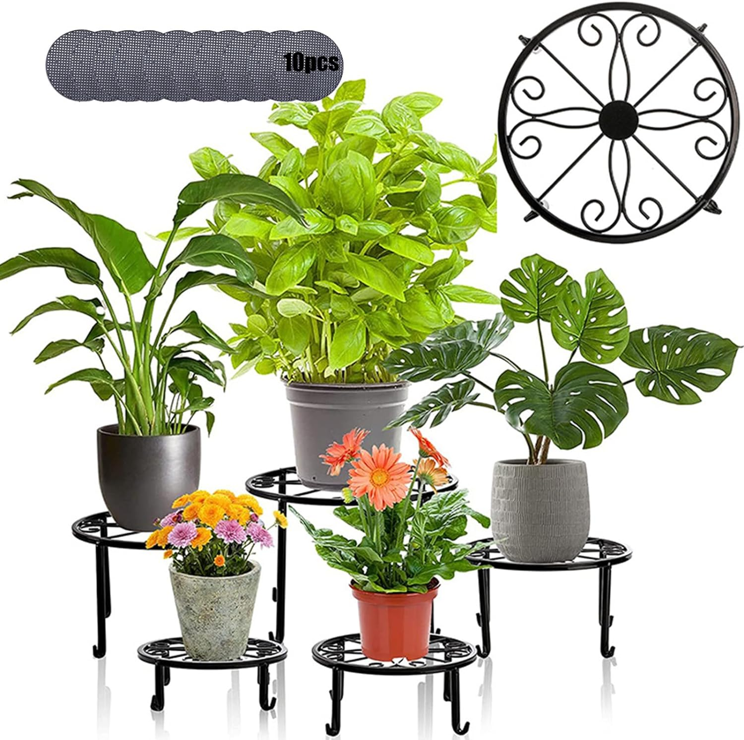 5 Pack Metal Plant Stands for Indoor Outdoor Plants, Heavy Duty Flower Pot Stands, Black Rustproof Iron Planter Holder, round Garden Container Plant Rack, Potted Plant Shelf for Garden Home Corner image number 4
