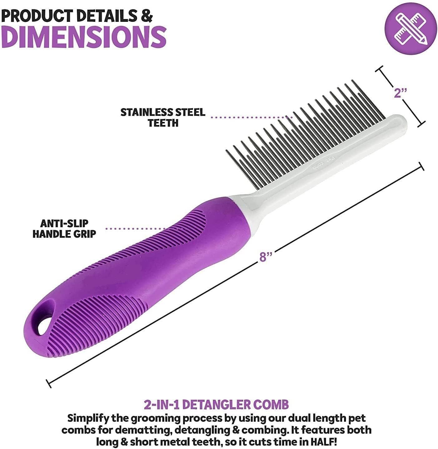 Detangling Pet Comb with Long & Short Stainless Steel Teeth for Removing Matted Fur, Knots & Tangles &ndash; Detangler Tool Accessories for Safe & Gentle DIY Dog & Cat Grooming (Grooming Comb)