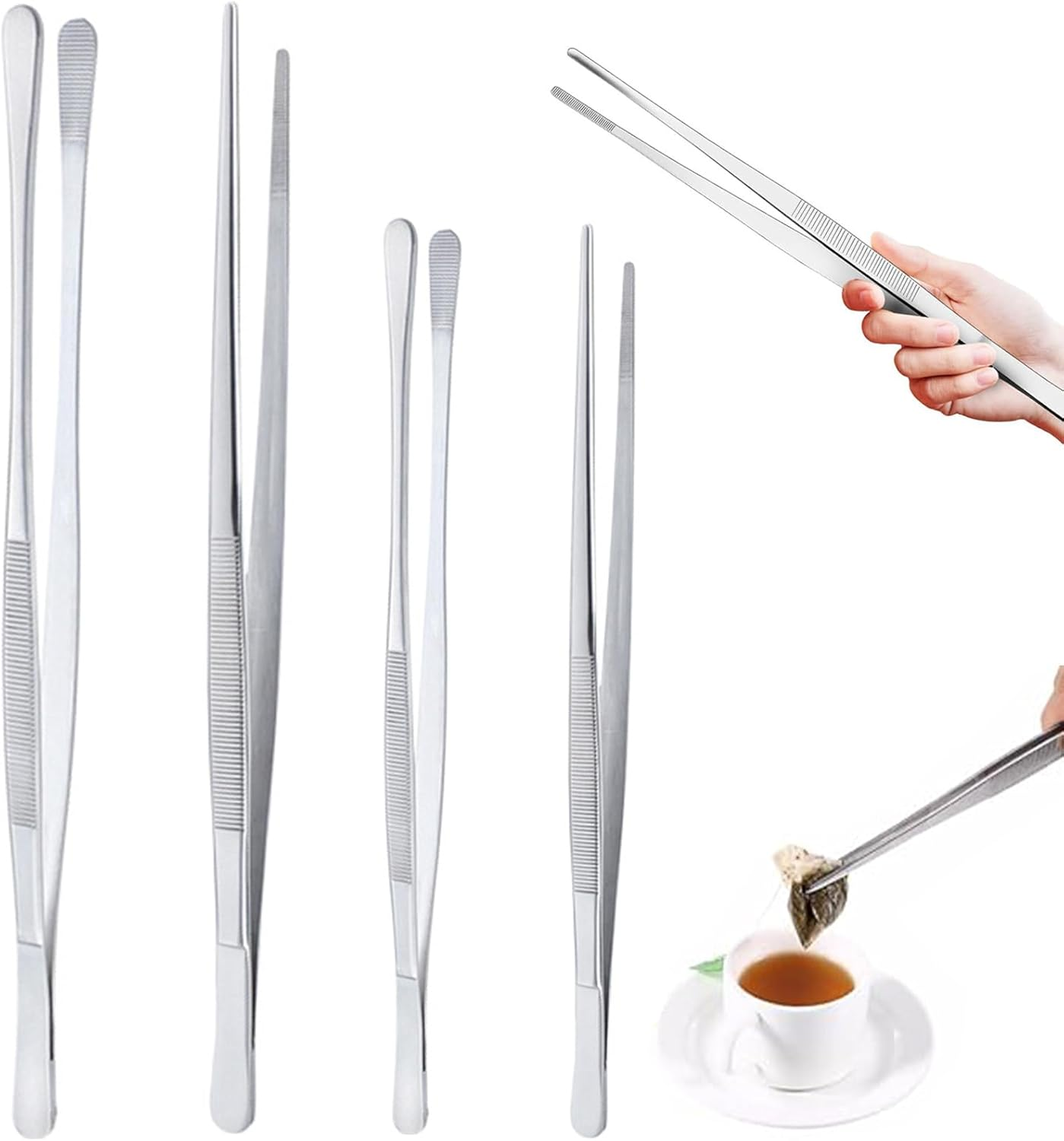 4 PCS Kitchen Fine Tweezer Set, 2 PCS round & 2PCS Straight Serrated Tips Tongs Tweezer, 25CM & 30CM Cooking Tweezers, Stainless Steel Food Tweezers for Sea Food BBQ Medical Beauty Repairing (4Sivery) image number 6