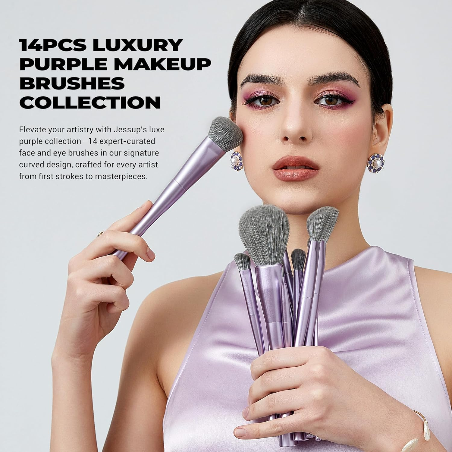 Jessup Makeup Brushes Set Professional 14Pcs Vegan Make up Brushes, Foundation Eyeshadow Concealer Contour Powder Blush Blending Eyeliner Brush, Premium Synthetic Fiber, Luxury Purple T512