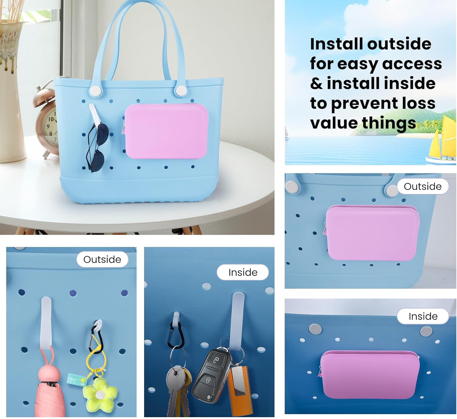 Raymall Silicone Pouch for Bogg Bag, Accessories Phone Holder for Bogg Bag, Zipper Pouch Wallet Compatible with All Cell Phone White - Black image number 2