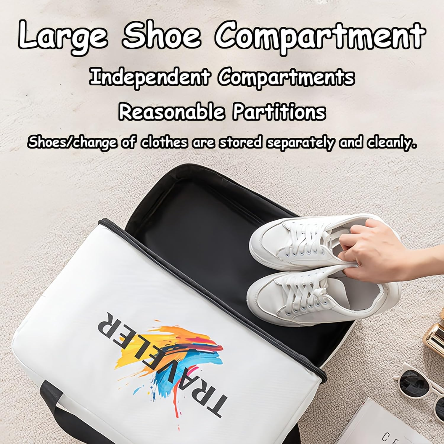 Taoluwin Travel Duffle Bag, Large Capacity Weekender Bag, Dry and Wet Separation Overnight Travel Bags, Water-Resistant Carry on Bags for Travel, Gym, and Swimming (White) image number 5