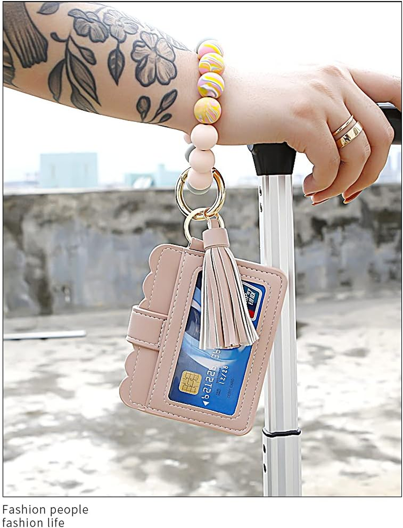 Silicone Beaded Bracelet Leather Keychain Wallet ID Card Holder Keyring Wristlet Bracelet Key Ring Chain Tassel Purse Women Girls Light Pink image number 3