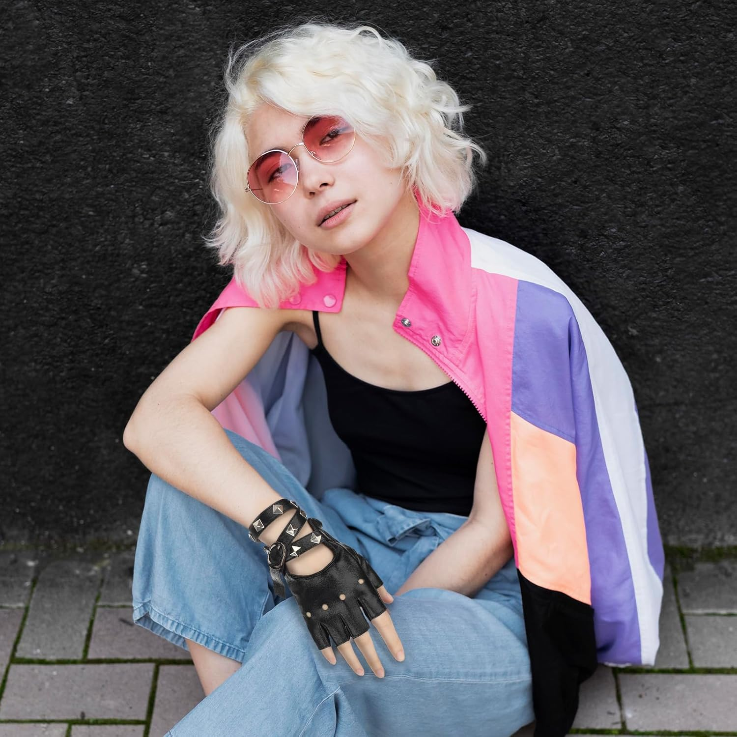 Leather Punk Gloves Fingerless Gloves for Women, PU Faux Leather Outdoor Sport Half Finger Glove Cosplay Gloves Gothic Gloves Fingerless Driving Gloves for Driving Motorcycle Bike, Black image number 3