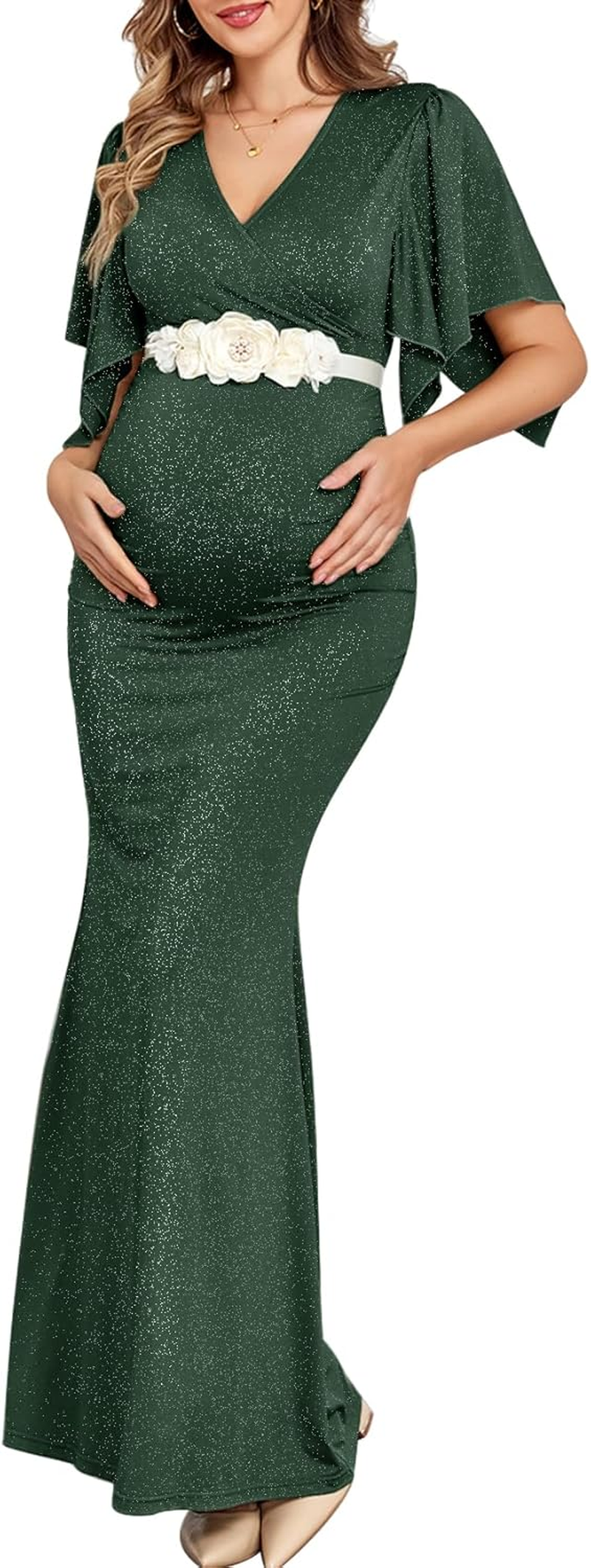 Maxi Maternity Dress with Flower Sash Semi Formal Baby Shower Wedding Guest V-Neck Handkerchief Sleeves Elegant, Sparkly Dark Green, without Flower Sash, Small