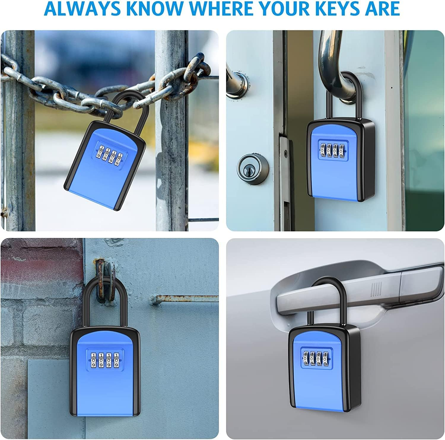 Key Lock Box, Wall Mounted Key Safe Box, Weatherproof 4 Digit Combination Key Storage Lock Box, 5 Keys Capacity with Removable Shackle for Indoor Outdoor, Small Size 3.66Inch - Blue image number 6