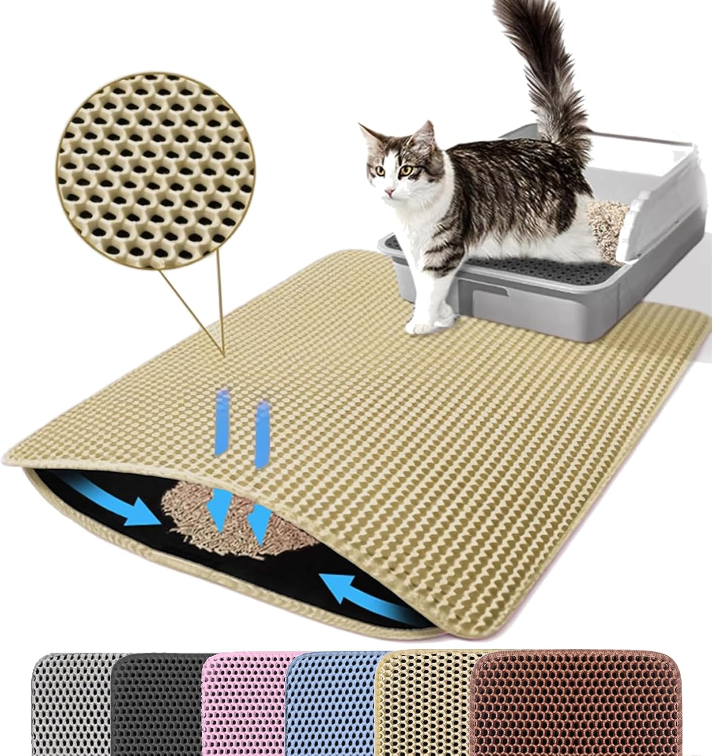Petinstinct Cat Litter Mat, 24X18 Inches Large Honeycomb Double Layer Cat Litter Trapping Mat, Non Slip Waterproof Urine Proof Cat Litter Box Mat, Kitten Supplies and Essentials, Brown