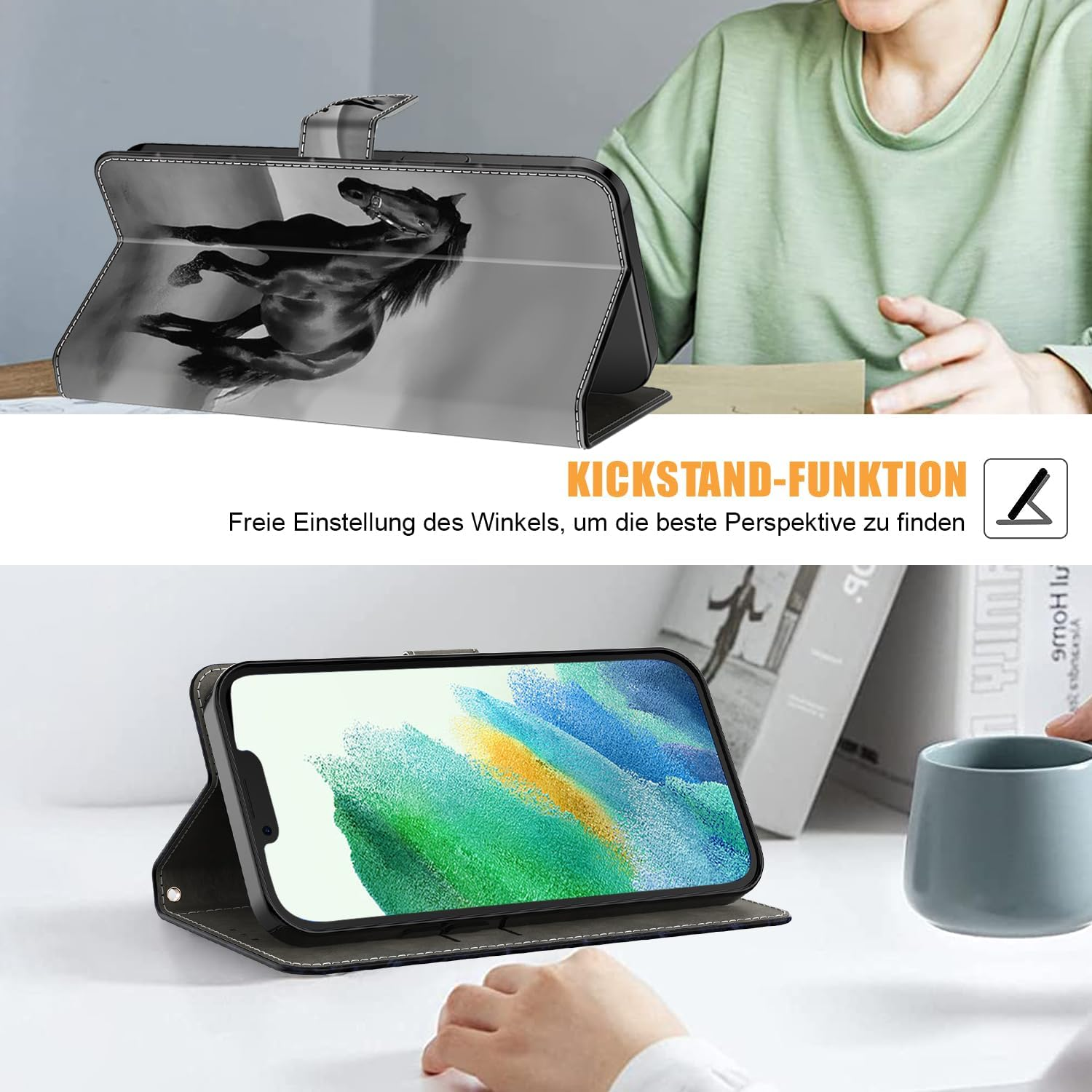 BOLELAW for Iphone 13/14 Mobile Phone Case PU Leather Flip Case Stand Wallet Protective Flip Case Cover with Card Slot, Stand Function, Magnetic Protective Case, Black Horse