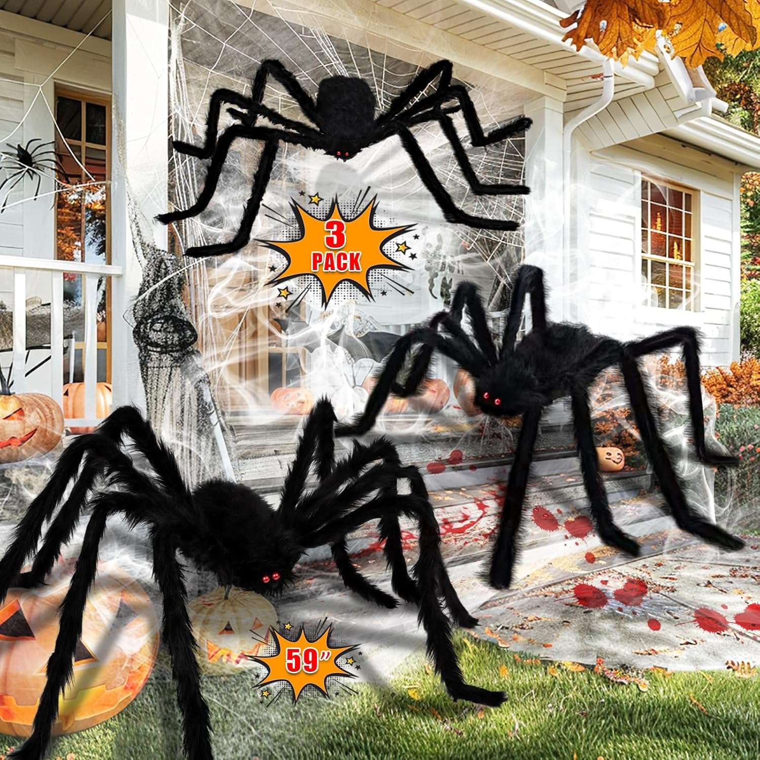 Halloween Giant Spider Decorations - 3 Pcs Realistic Scary Spiders Set Halloween Decorations outside - Fake Large Spiders Props for Indoor Outdoor Lawn Yard Party Creepy Decor (59", 49&rdquo;, 35&rdquo;) image number 2