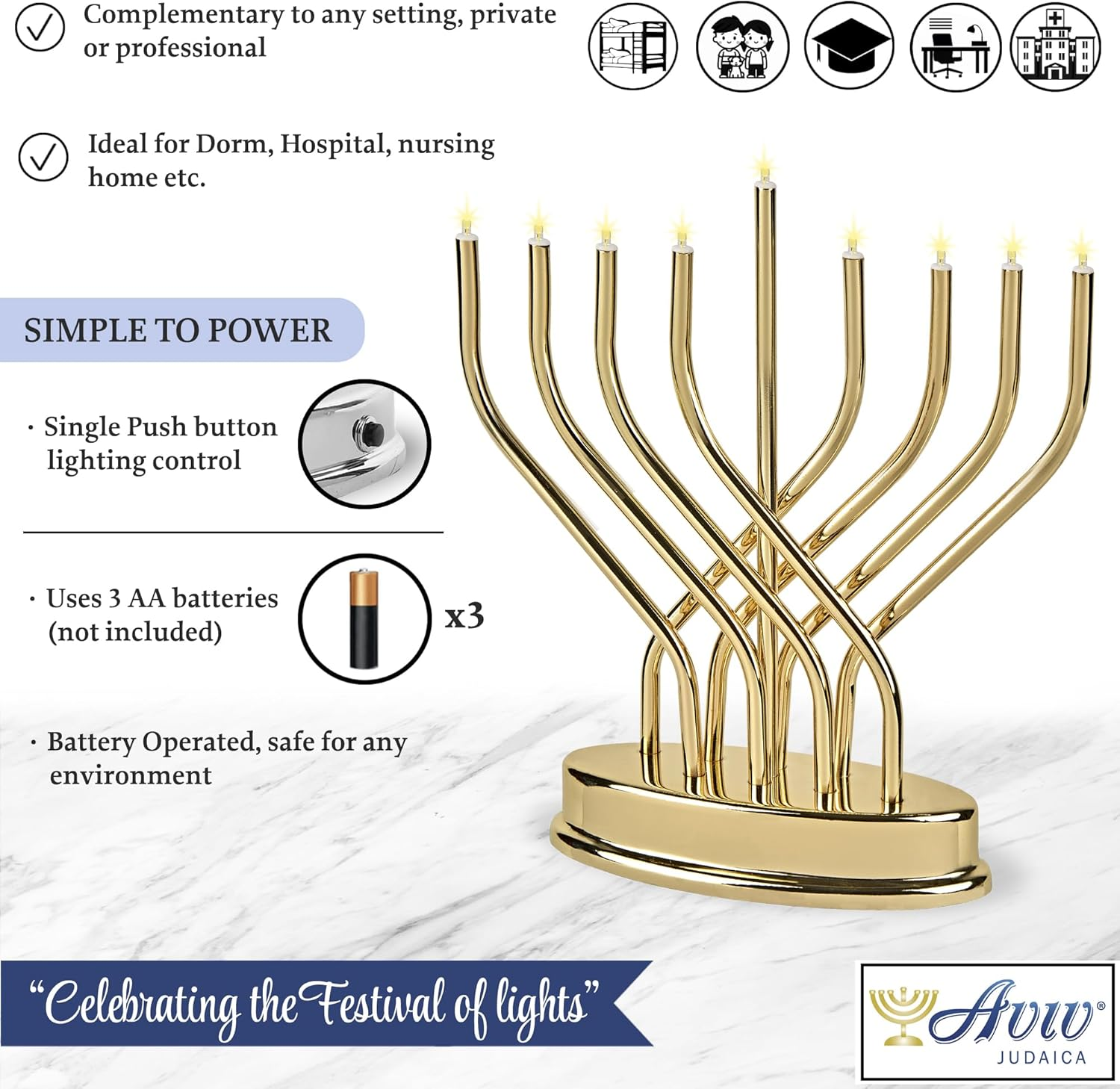 Traditional Hanukkah Electric Menorah Low Voltage Hanukkiah with LED Bulbs Contemporary Metal Electronic Chanukiah Battery Powered Chanukah Lights by Aviv Judaica (Shiny Gold/Brass) - Shiny Gold/Brass image number 3