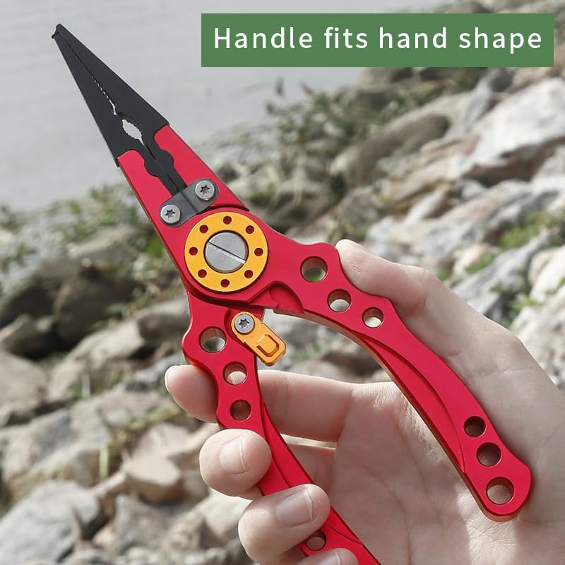 Aluminum Fishing Pliers Saltwater, Surf Fishing Tackle Kit, Fishing Multitool Hook Remover Braided Fishing Line Cutting and Split Ring with Coiled Lanyard and Sheath - Red image number 5
