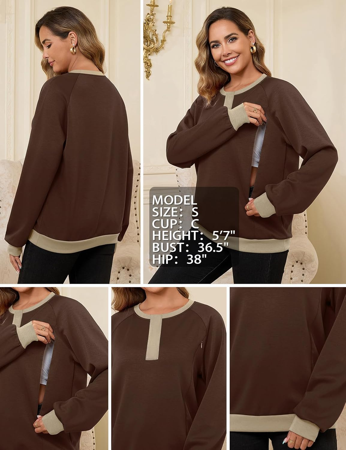 Bhome Nursing Sweatshirt Maternity Breastfeeding Shirts Hidden Zipper Long Sleeve Nursing Tops Loose Fit with Pockets image number 2