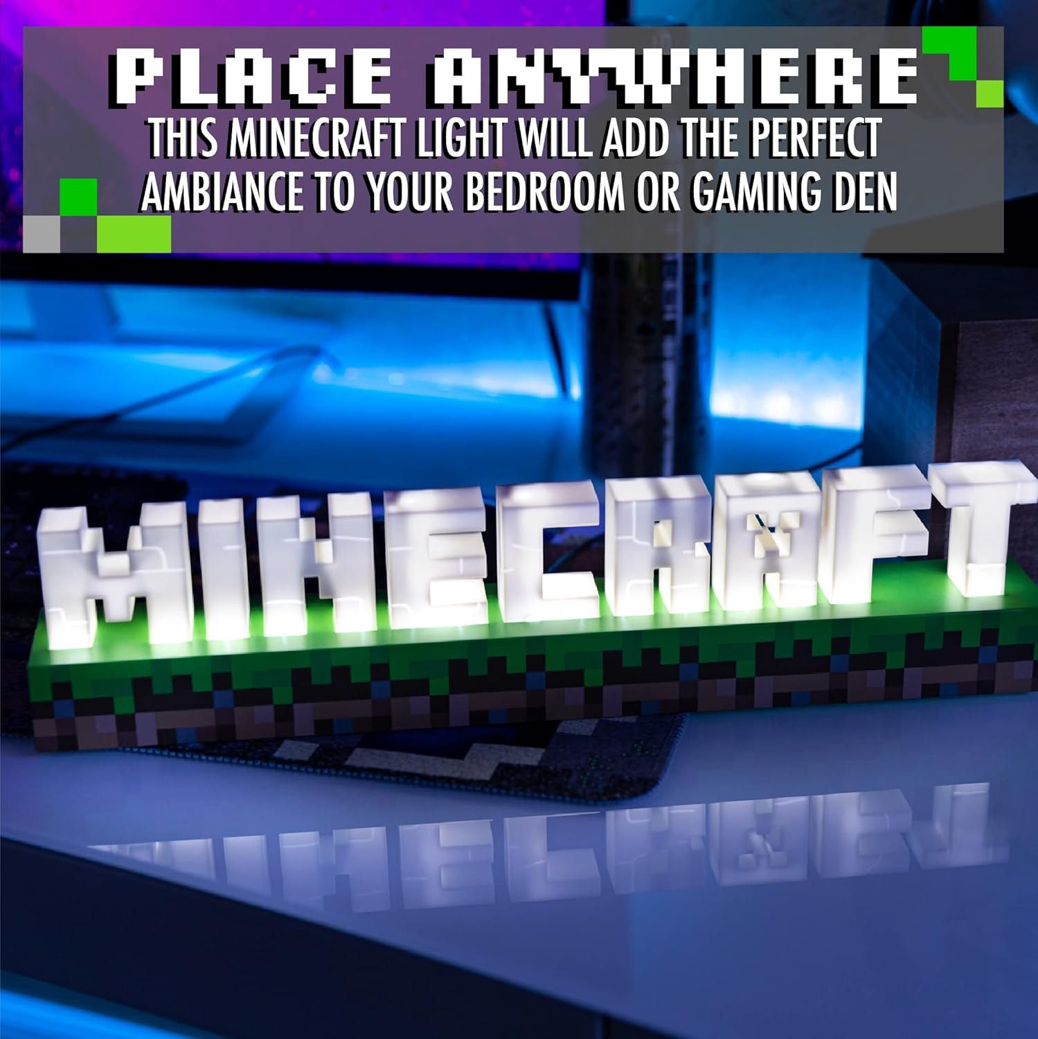 Paladone Minecraft Logo Light - Battery or USB Operated - 2 Light Modes - Officially Licensed Merchandise,White/Brown/Green image number 4