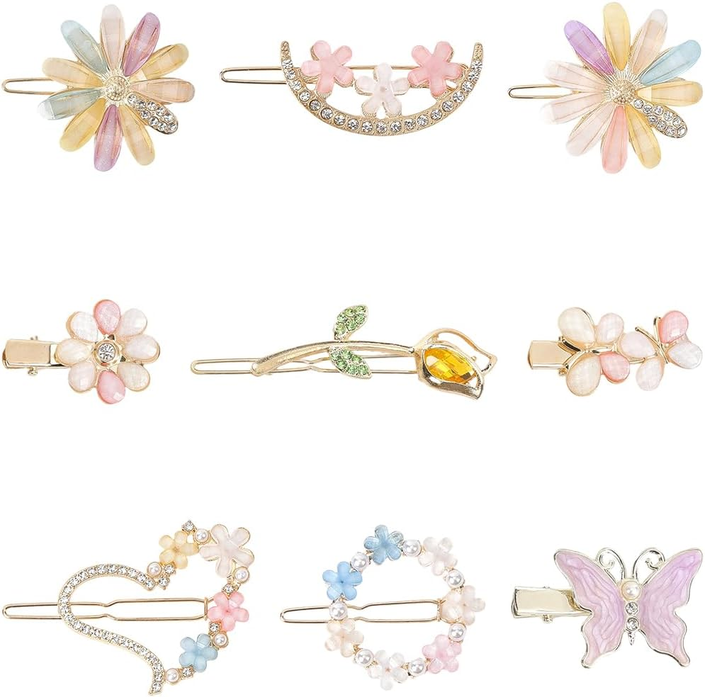 SUNNYCLUE 18Pcs Heart Shaped Hair Barrettes Rhinestone Alligator Hair Clips Colorful Resin Butterfly Flower Aesthetic Alloy Decorative Bobby Hairpins Accessories for Short Long Hairstyle DIY Decor image number 6